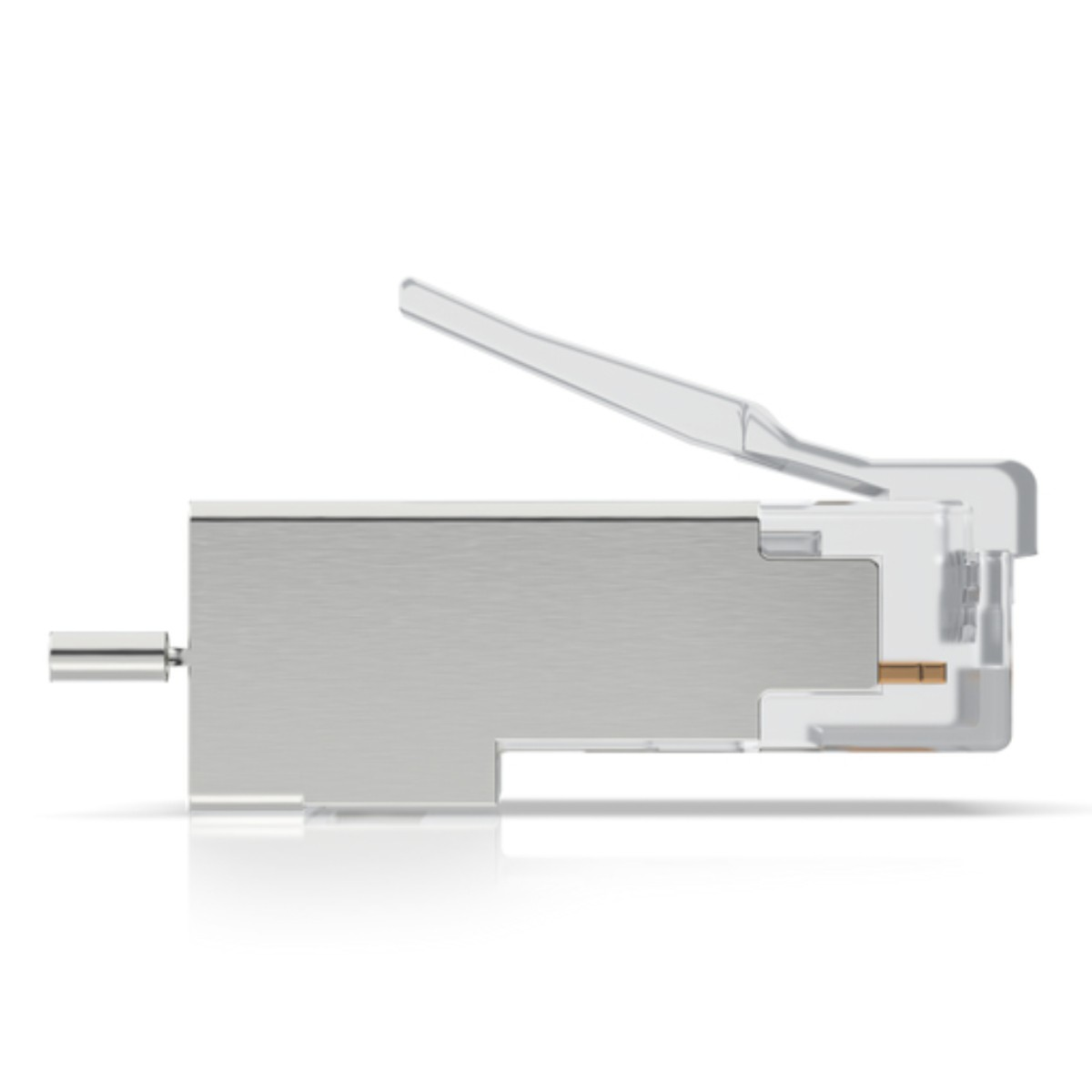 Ein durchsichtiger RJ45-Stecker mit silbernem Gehäuse und entriegeltem Clip.