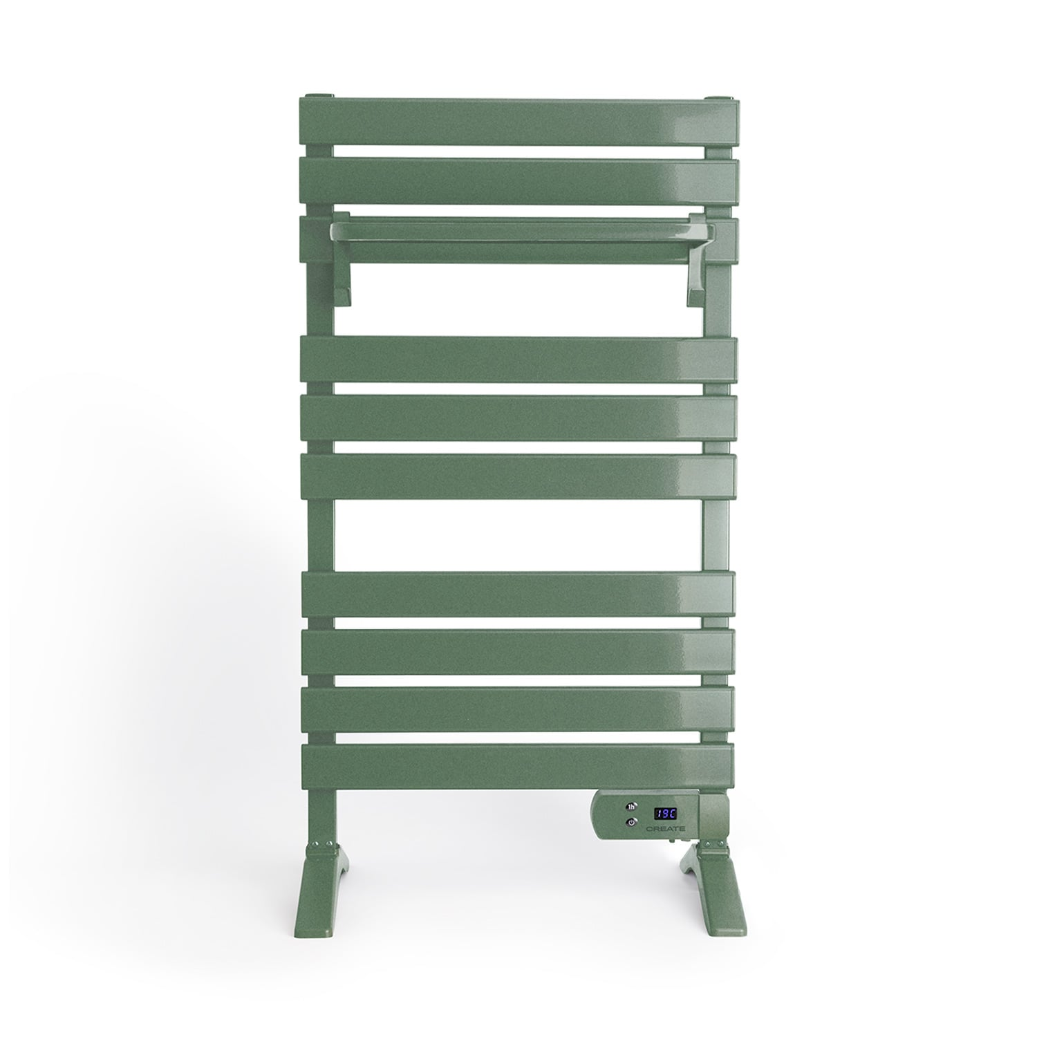 Un radiador verde con barras horizontales y pantalla digital.