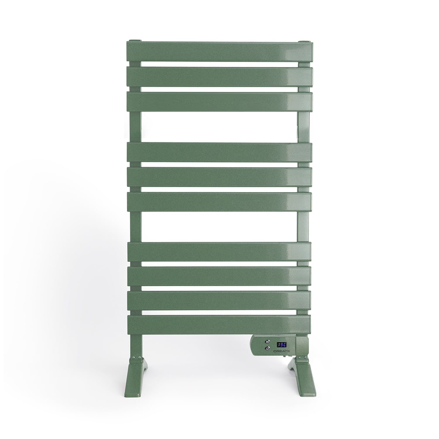 Un radiador verde con barras horizontales y pantalla digital.