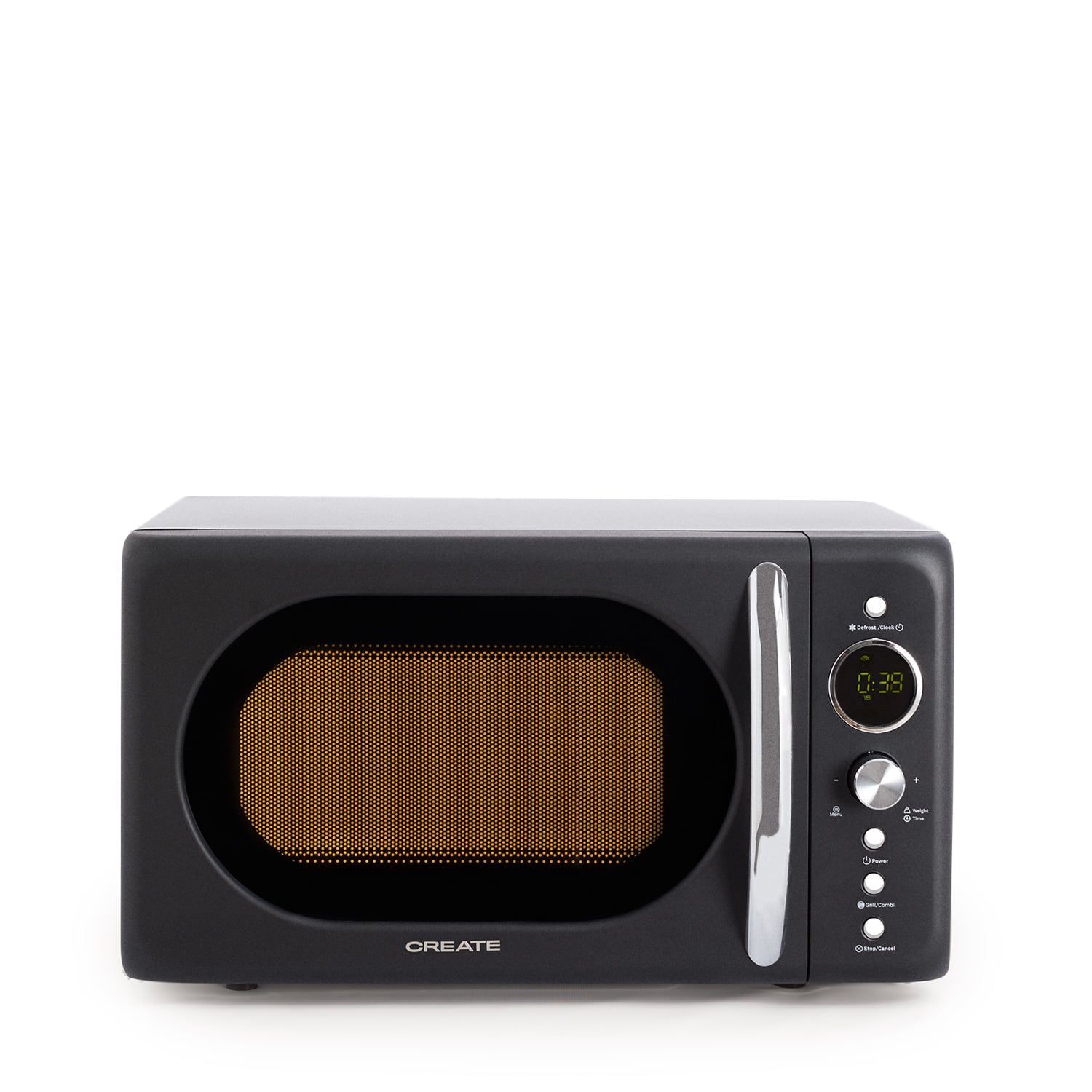 Micro-ondes noir avec poignée argentée et écran numérique. L'intérieur est éclairé.