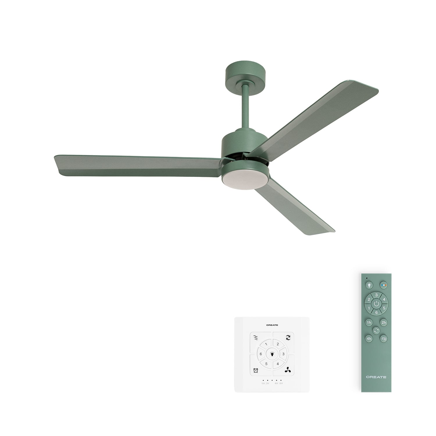 Ventilador de techo verde con mando a distancia y control de pared, aislado.