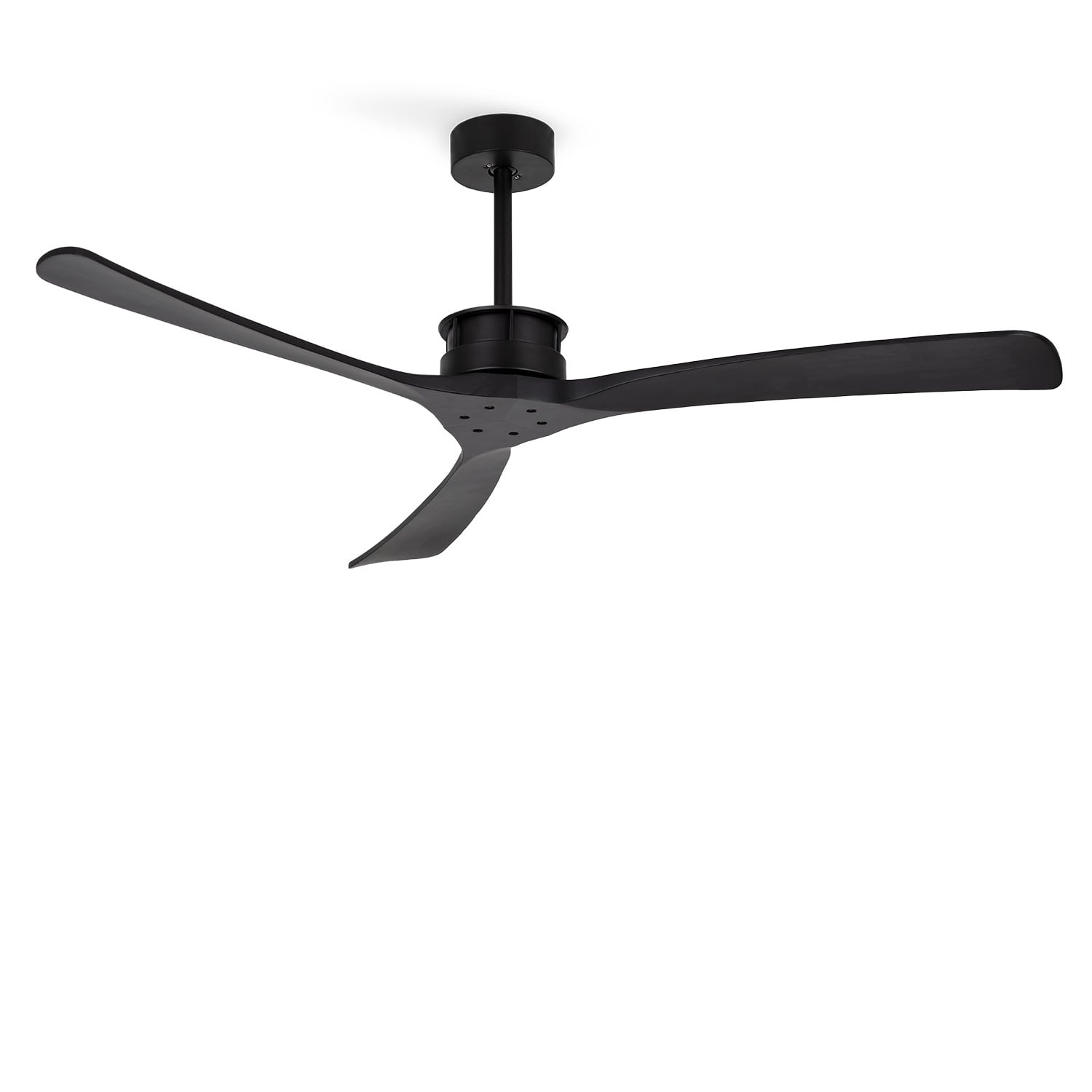 Ventilador de techo negro con tres aspas curvas sobre fondo blanco.