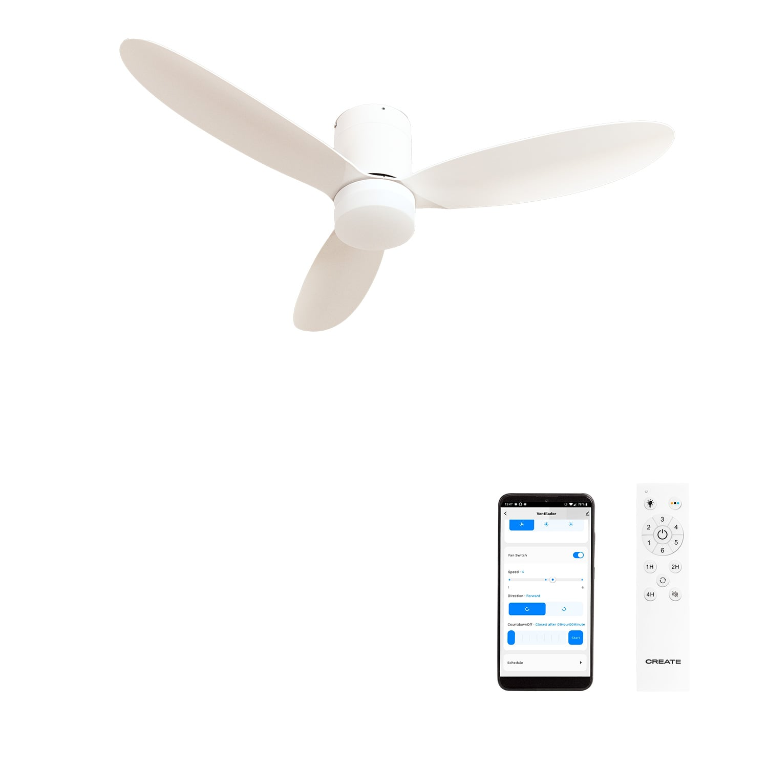 Un ventilador de techo blanco, una aplicación de smartphone y un mando a distancia se muestran sobre fondo blanco.