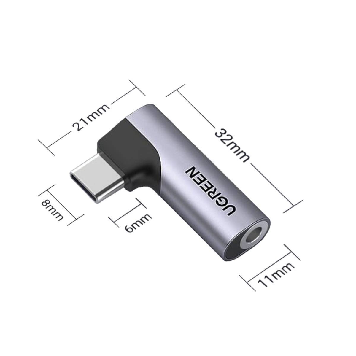 Un adattatore USB-C argentato con accenti neri e linee di dimensione.