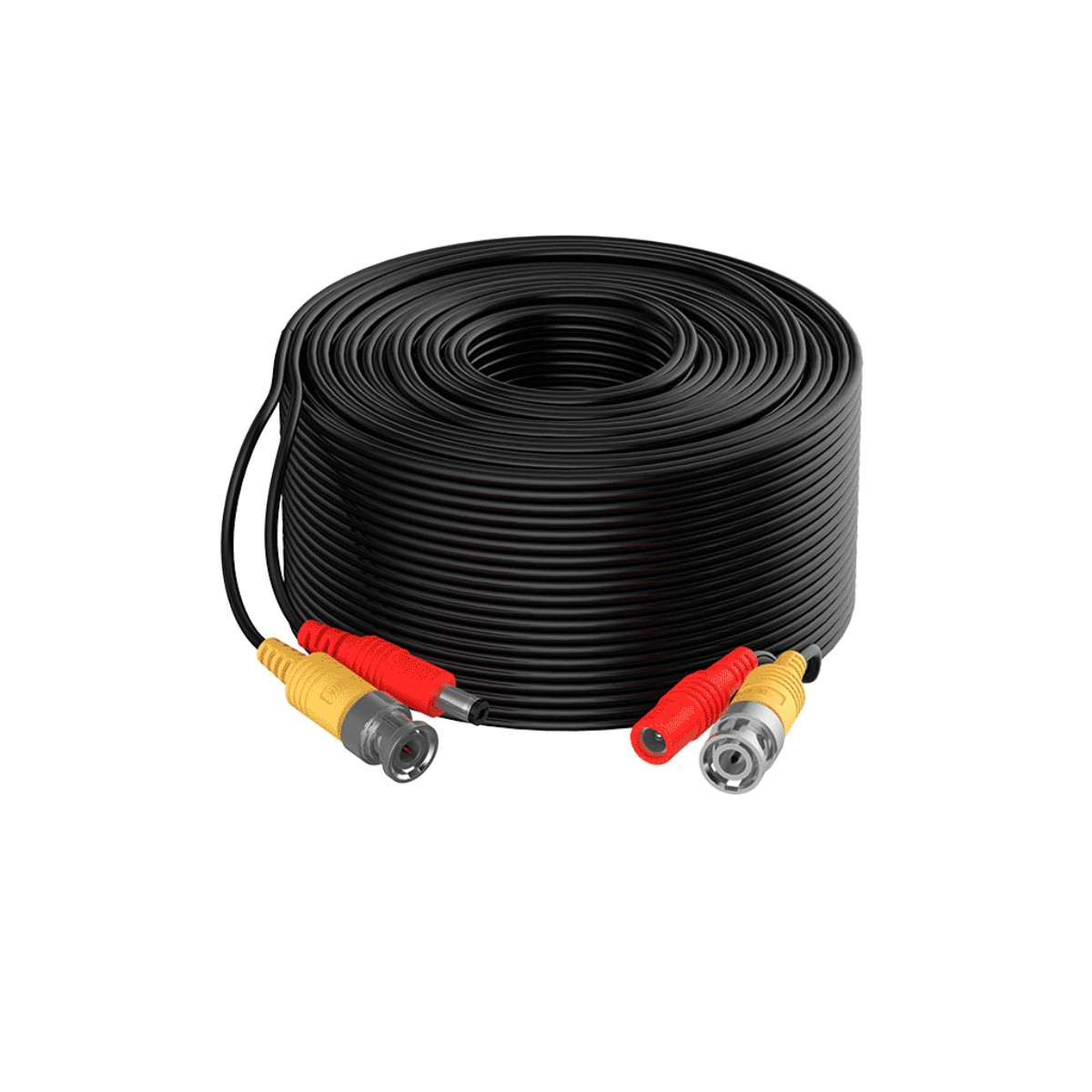 Cavo nero arrotolato con connettori BNC e RCA rossi e gialli.