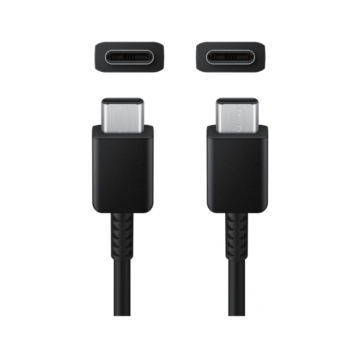 Due cavi USB-C neri con connettori argentati su sfondo bianco.