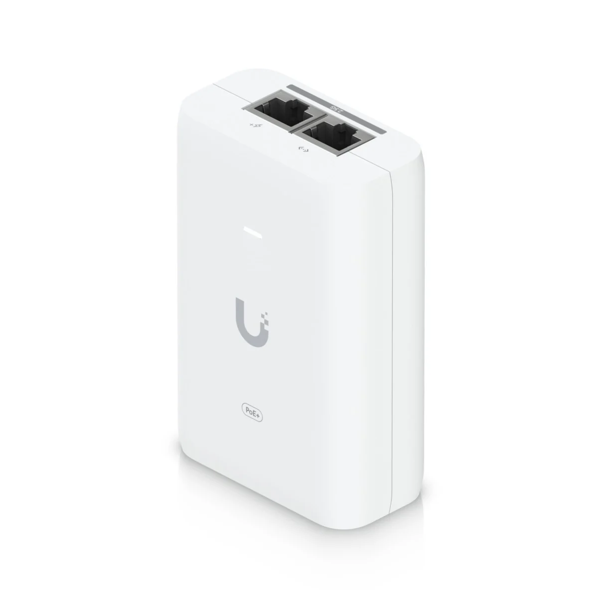 Un adattatore PoE bianco con due porte Ethernet in alto e un logo.