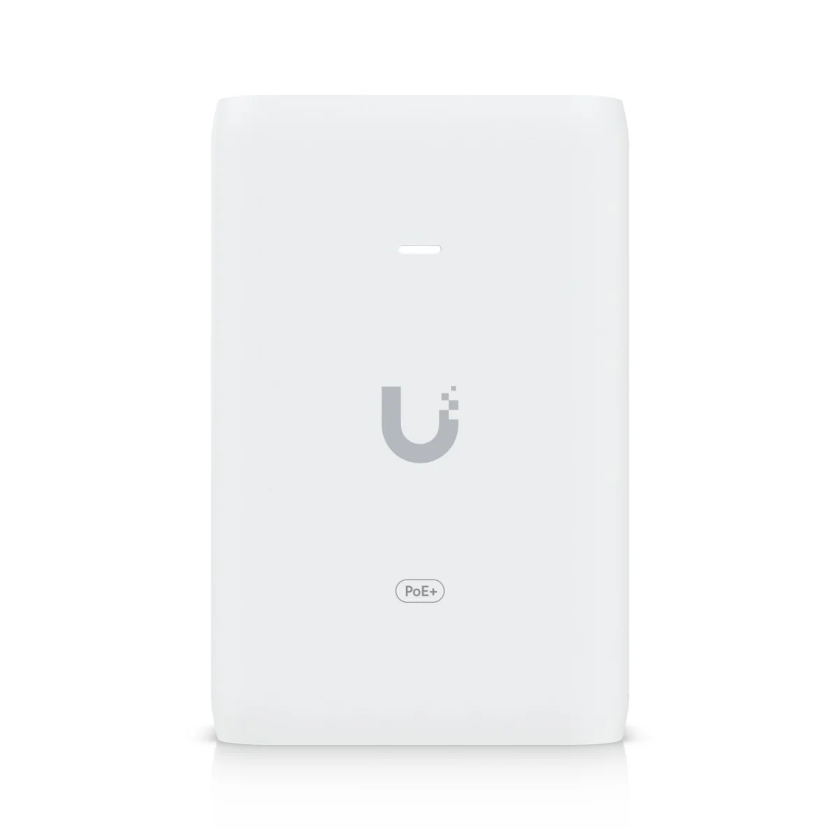 Un dispositivo bianco e rettangolare con il logo Ubiquiti e la scritta "PoE+".