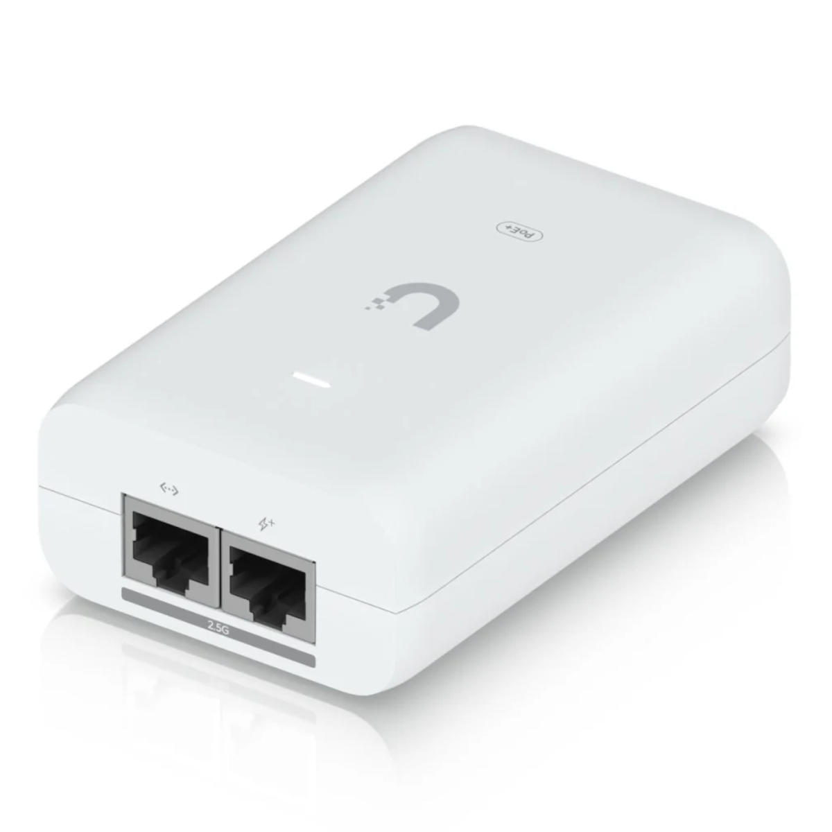 Adattatore PoE+ bianco con due porte Ethernet, etichetta "2.5G".