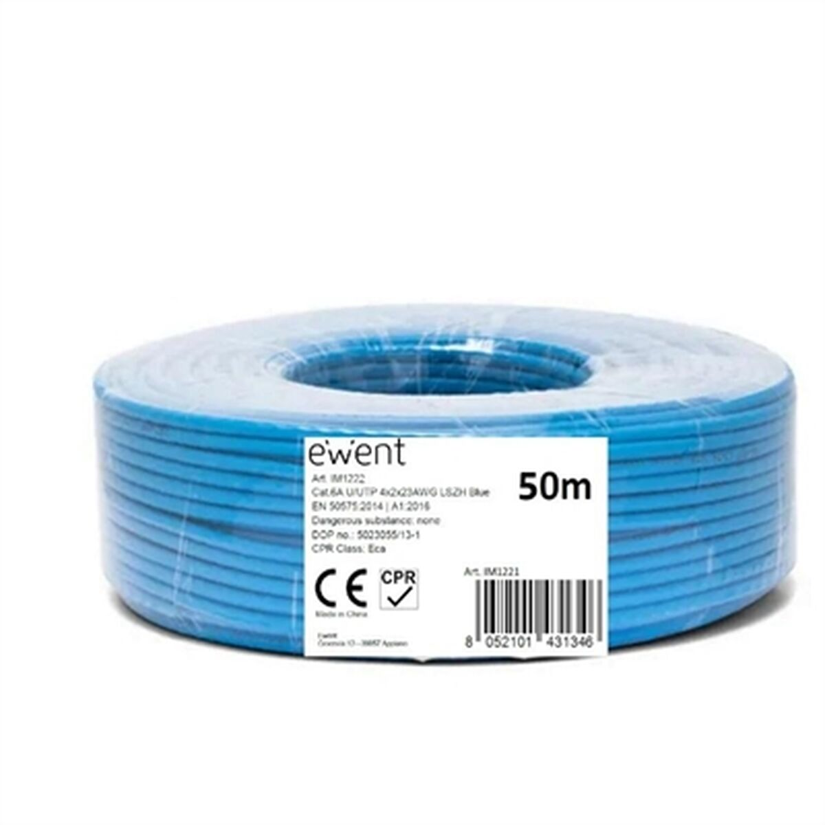 Un rocchetto di cavo blu, lungo 50m, con informazioni sul prodotto e marchio CE.