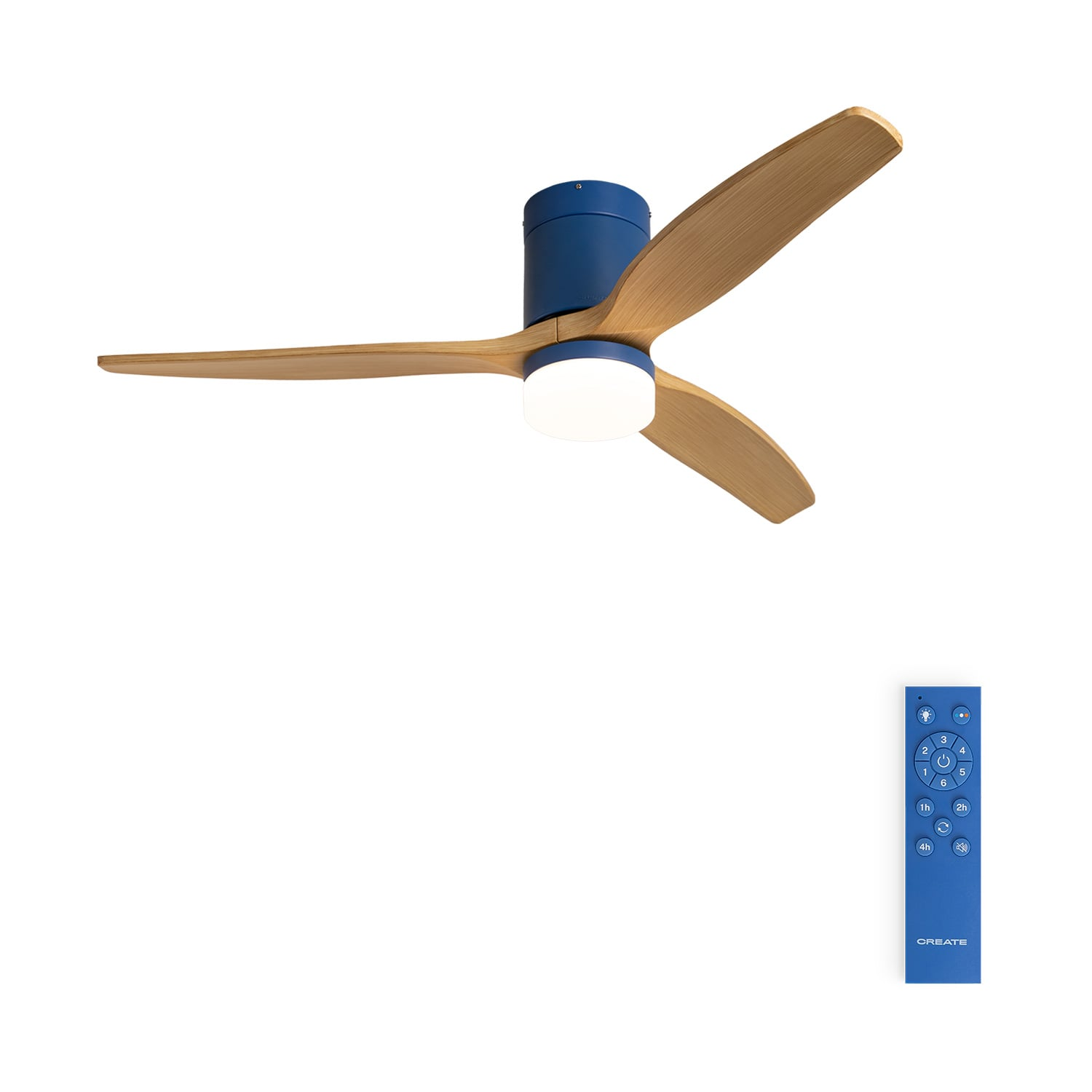 Un ventilador de techo azul con aspas de madera y mando a distancia.