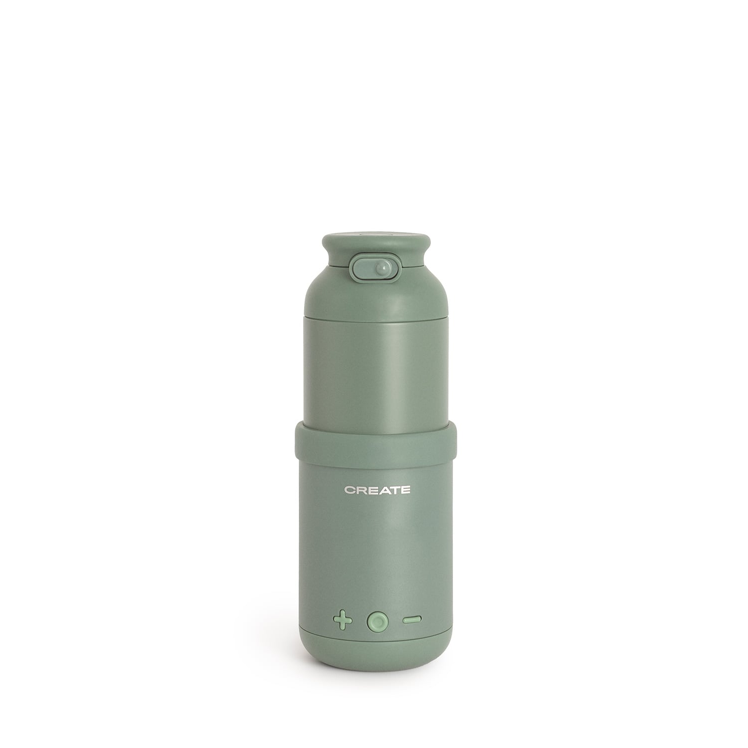 Una botella de agua verde sobre fondo blanco con botones de control.