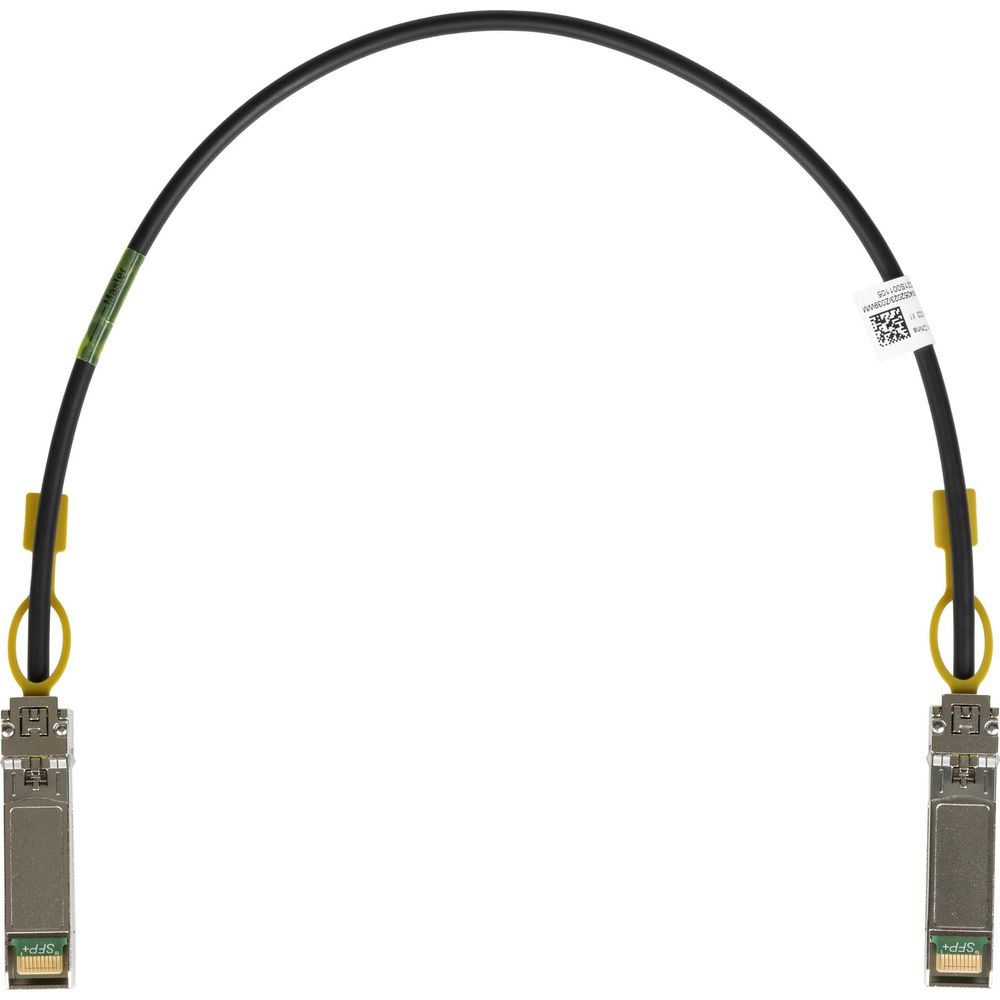 Un cavo nero con due connettori SFP+ e clip di ritenzione gialle.
