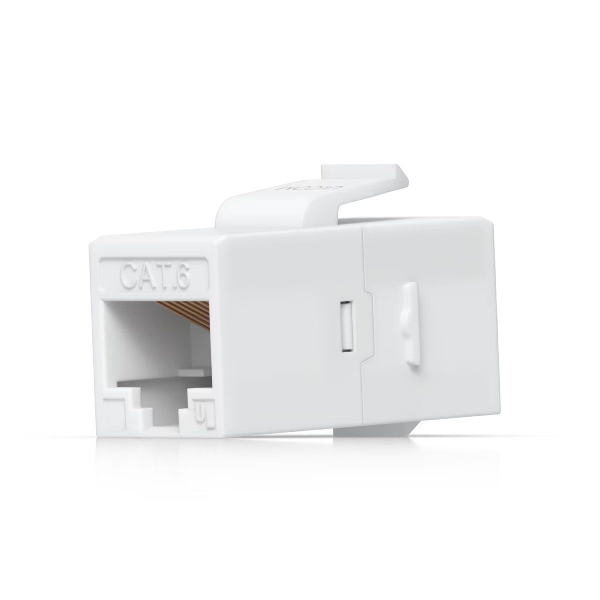 Un connettore keystone bianco CAT.6 con contatti visibili e meccanismo di blocco.