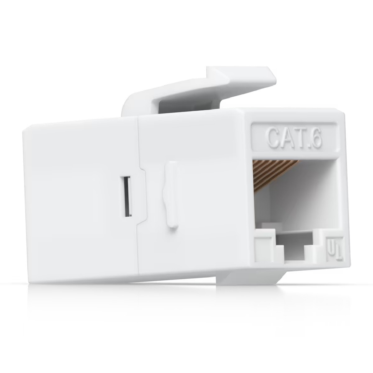 Un connettore Keystone CAT.6 bianco con cablaggio in rame visibile.
