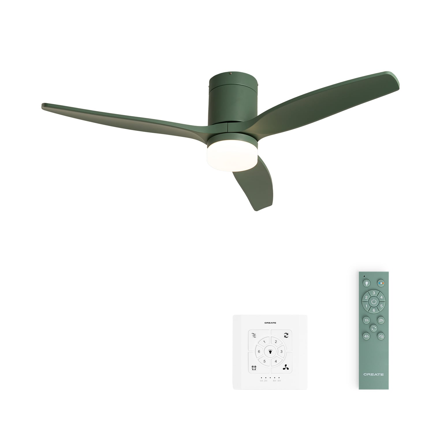 Un ventilador de techo verde con luz, mando a distancia y control de pared.