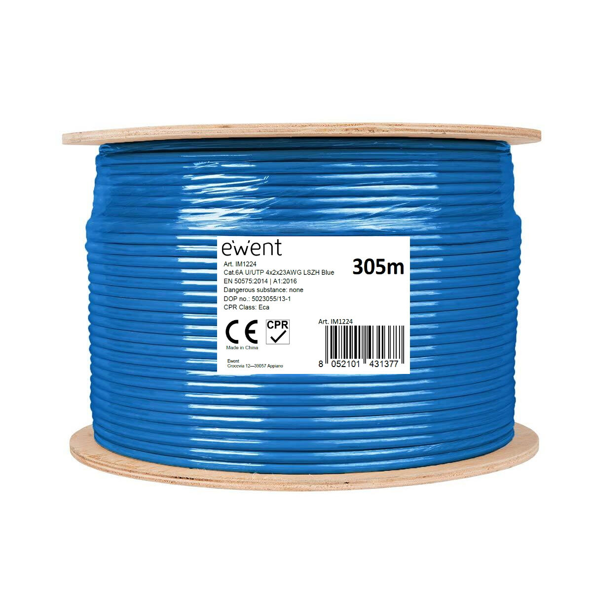 Un mulinello di cavo Ethernet blu, 305m, con informazioni sul prodotto.