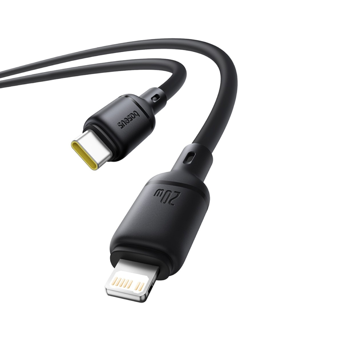 Cavo di ricarica nero con connettori USB-C e Lightning, 20W.