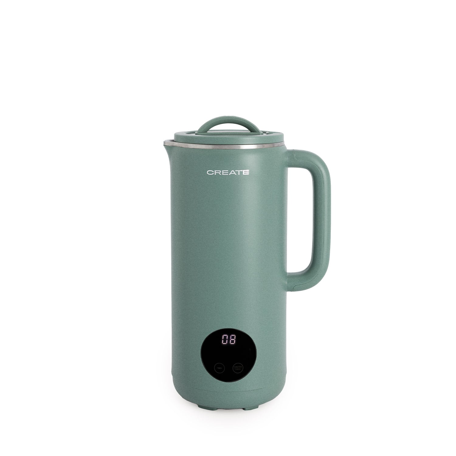 Un electrodoméstico de cocina verde con asa y pantalla digital sobre fondo blanco.