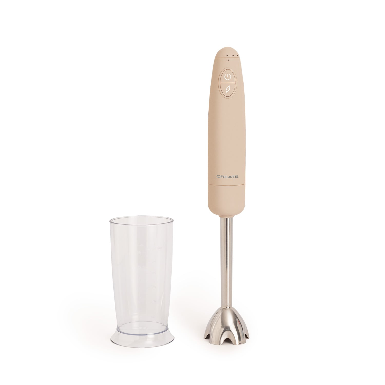 Batidora de mano beige con pie metálico y vaso medidor transparente.