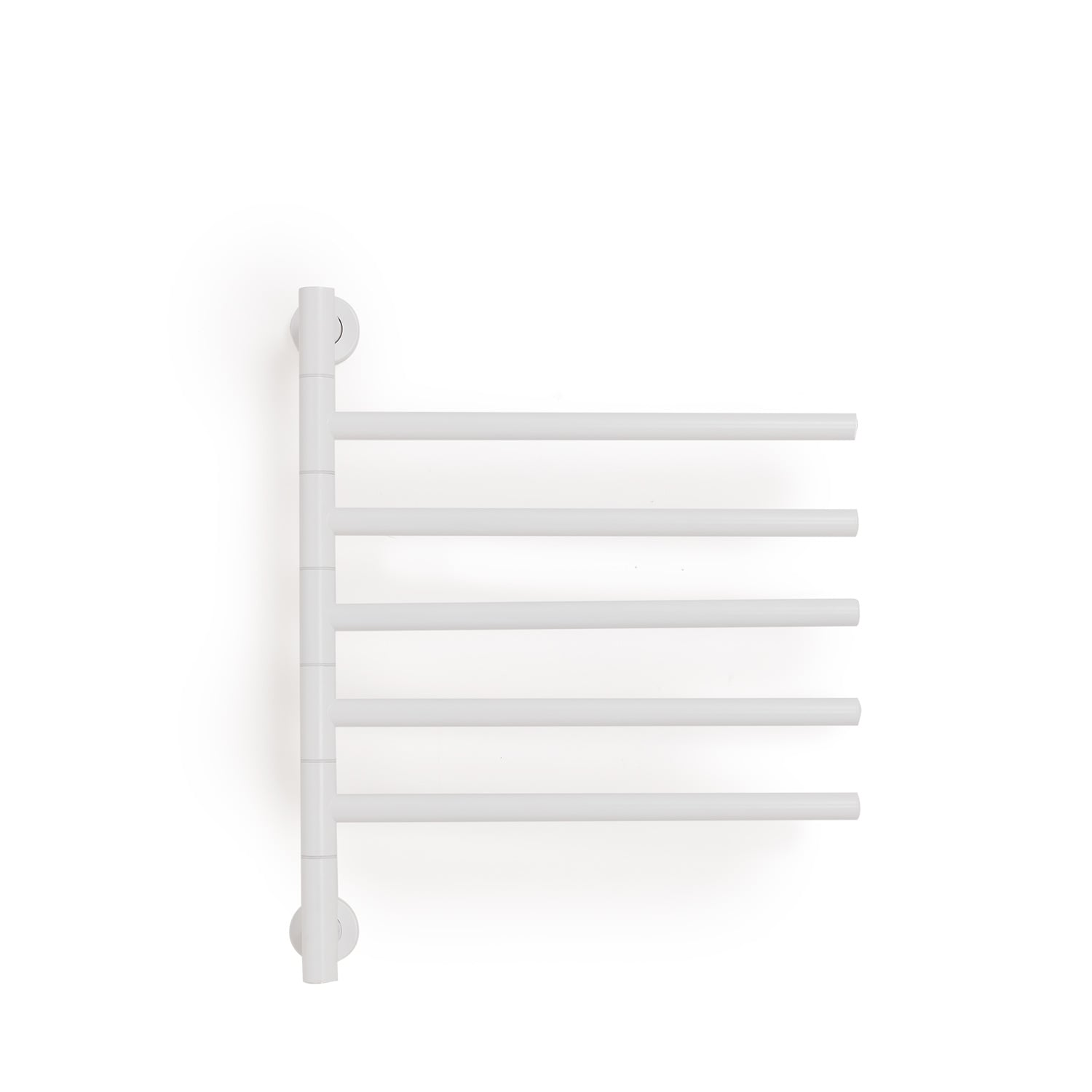 Un toallero blanco de cinco barras horizontales, montado en una pared.