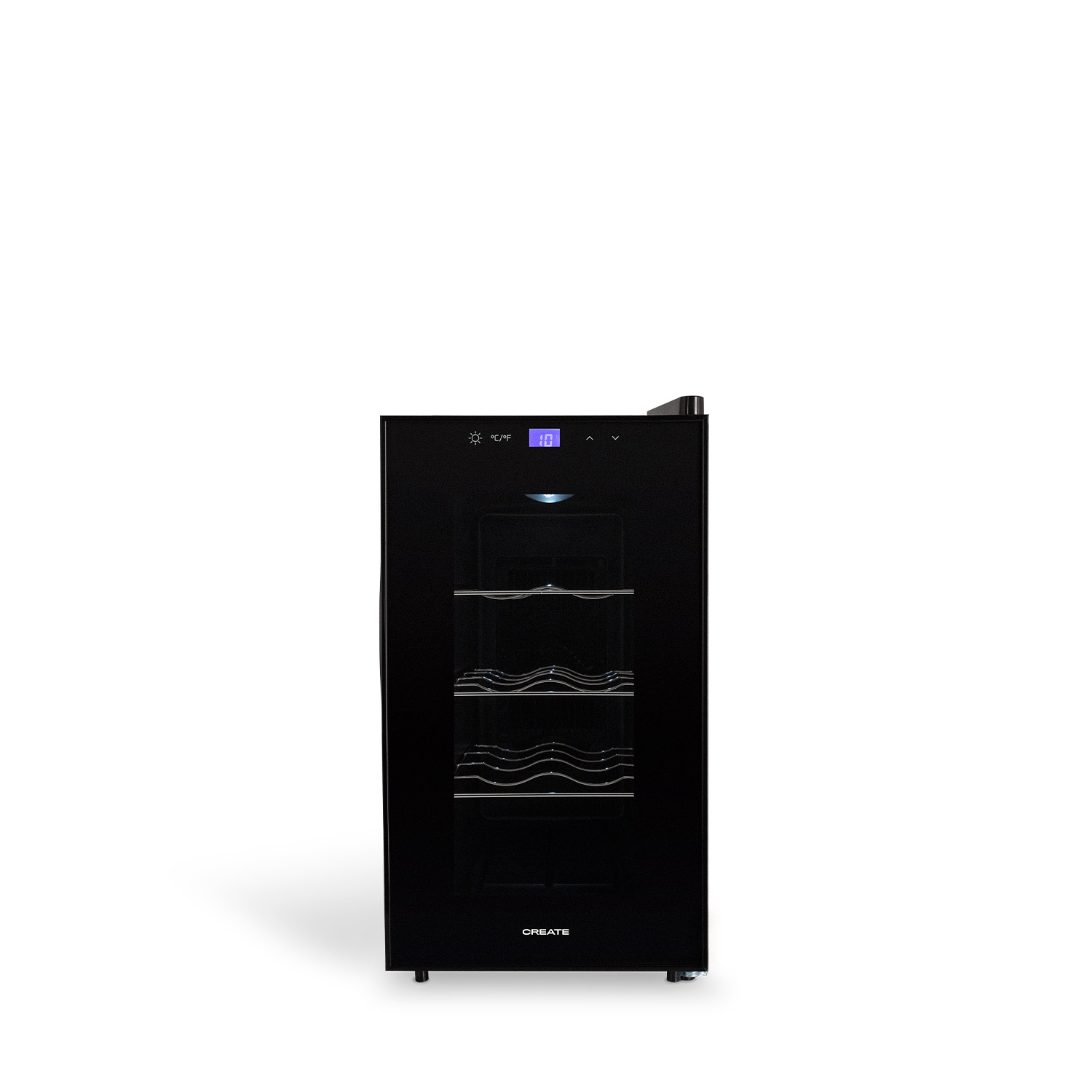 Se muestra una vinoteca negra con puerta de cristal y estantes plateados.