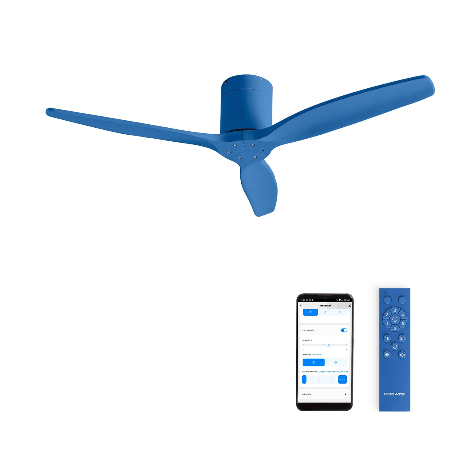 Ventilador de techo azul con mando a distancia y app móvil.