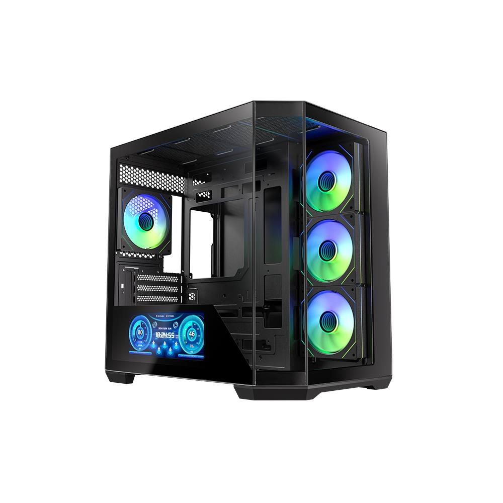 RGB fanlı ve dijital ekranlı siyah bilgisayar kasası.