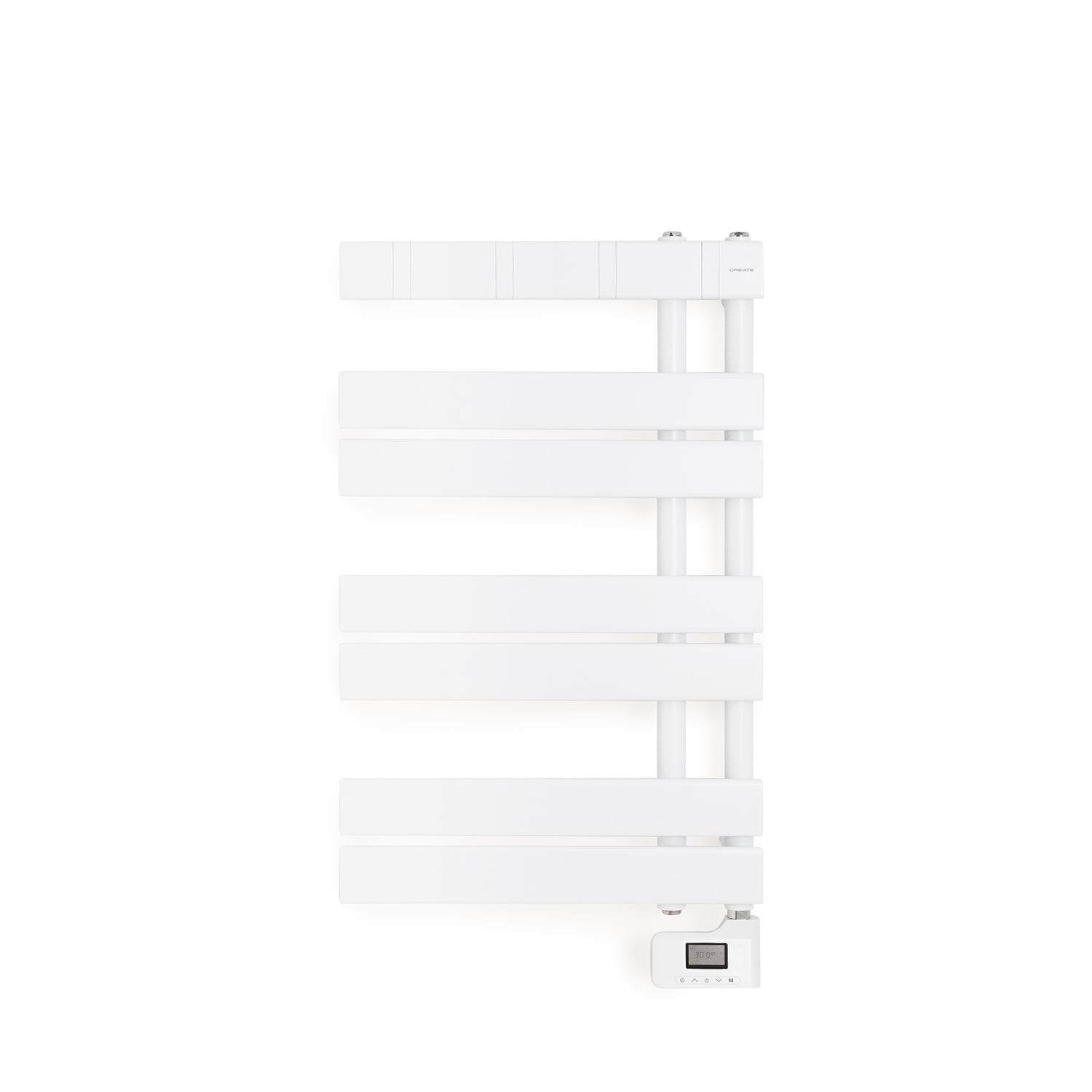 Un toallero blanco con pantalla digital se alza sobre un fondo blanco.