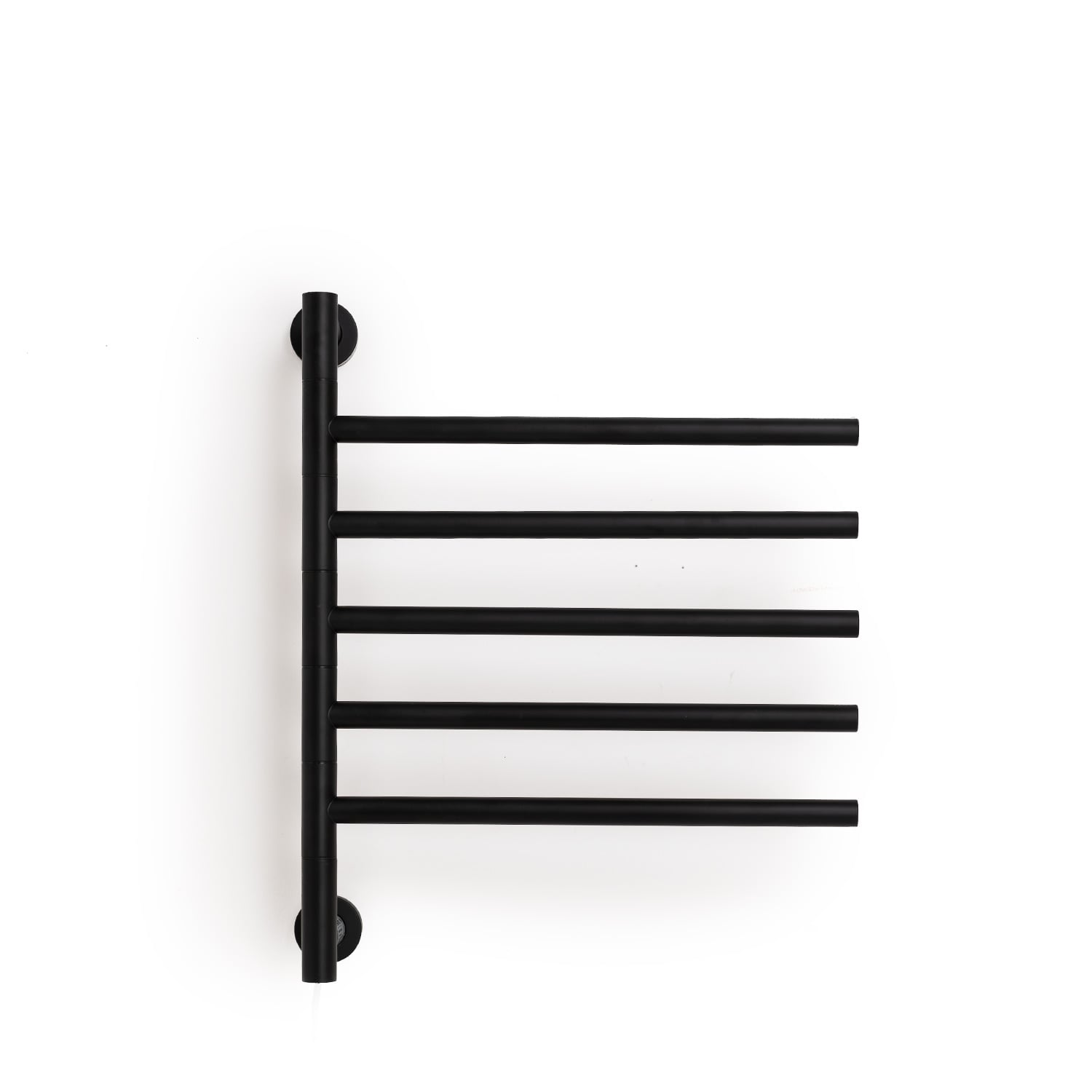 Un toallero negro con cinco barras horizontales, montado en una pared blanca.
