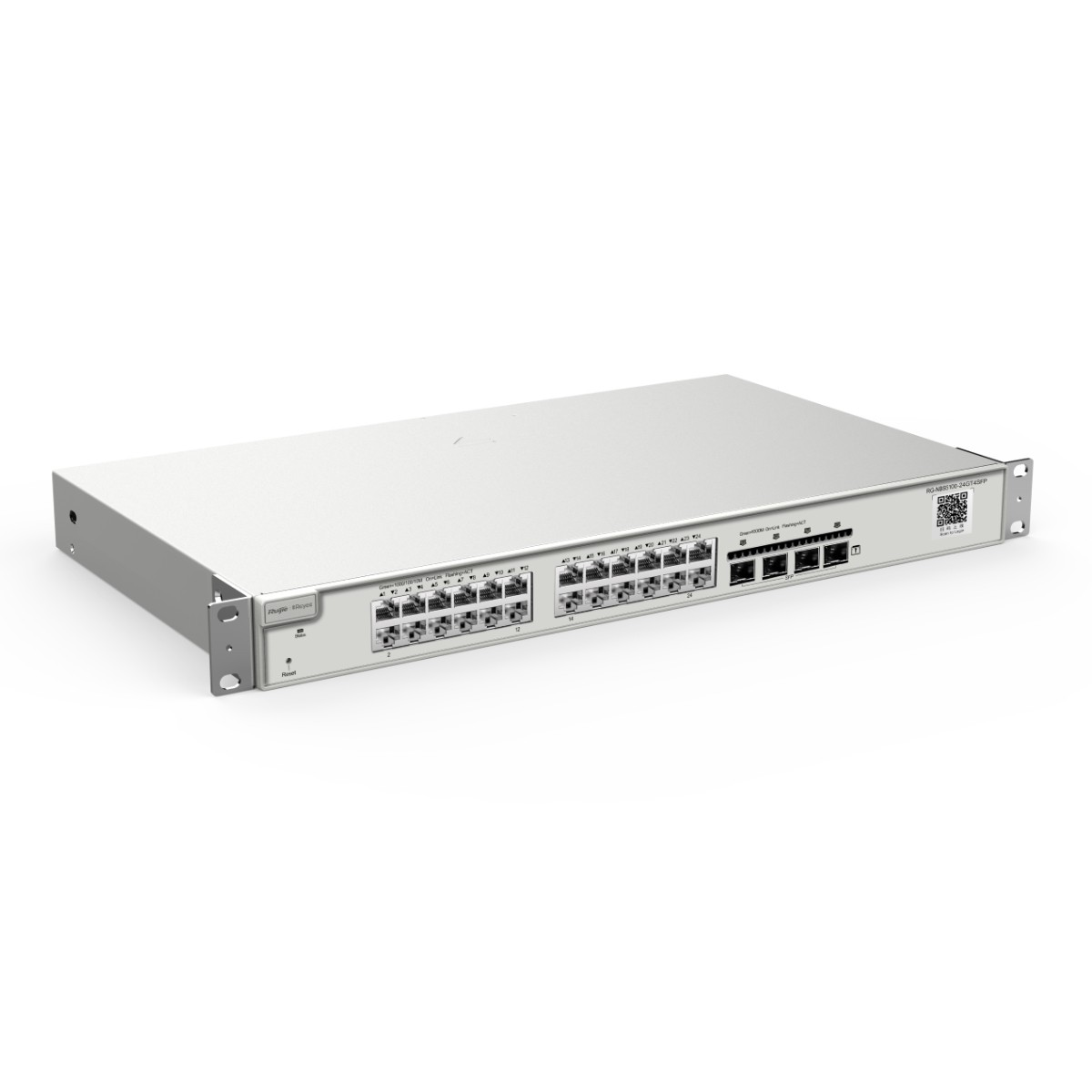 Un dispositivo switch di rete argentato con molte porte e un pulsante di reset.