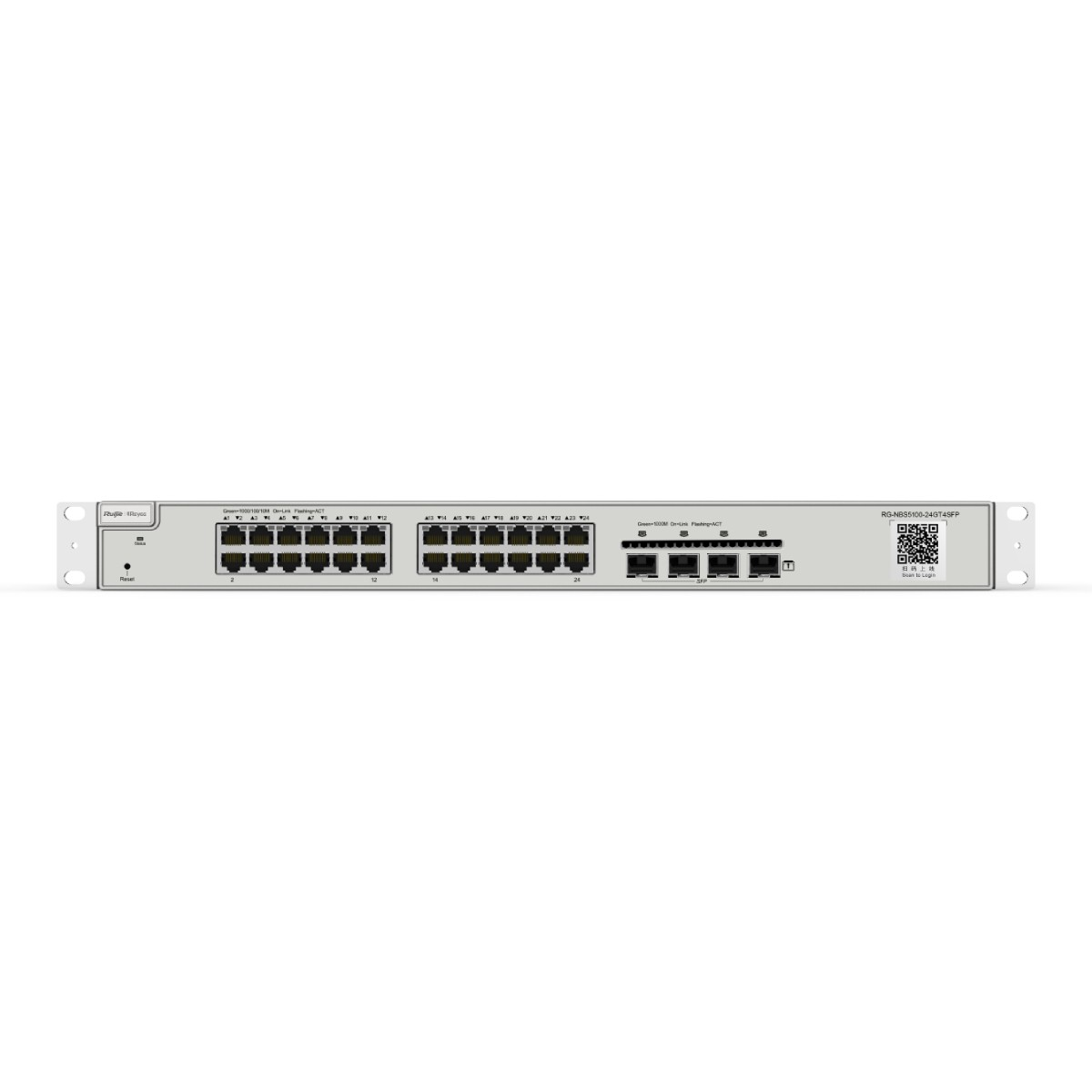 Switch di rete rack con 24 porte RJ45 e 4 porte SFP. Pulsante di reset frontale.