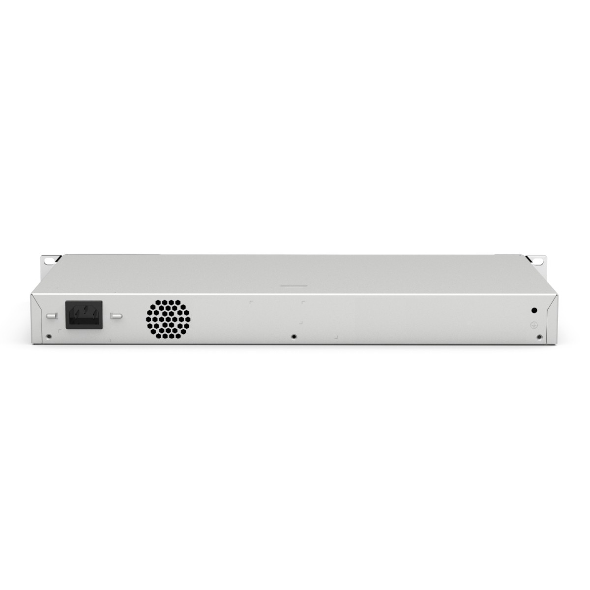 Dispositivo rack argentato con porta di alimentazione e griglia di ventilazione sul retro.
