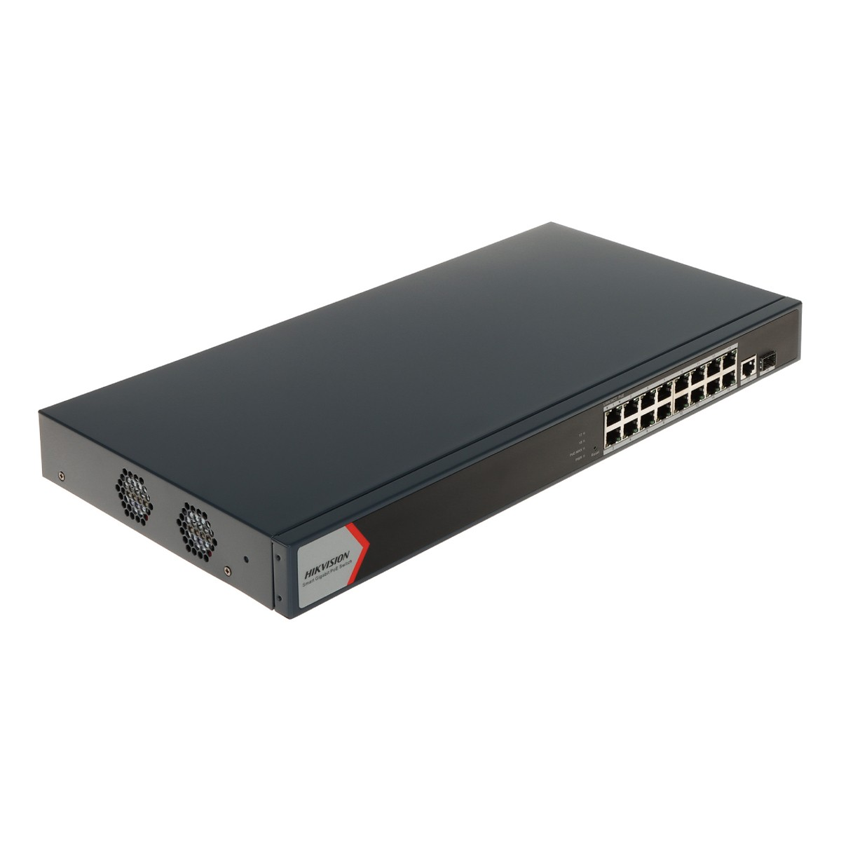 Uno switch di rete scuro con 16 porte e sfiati.