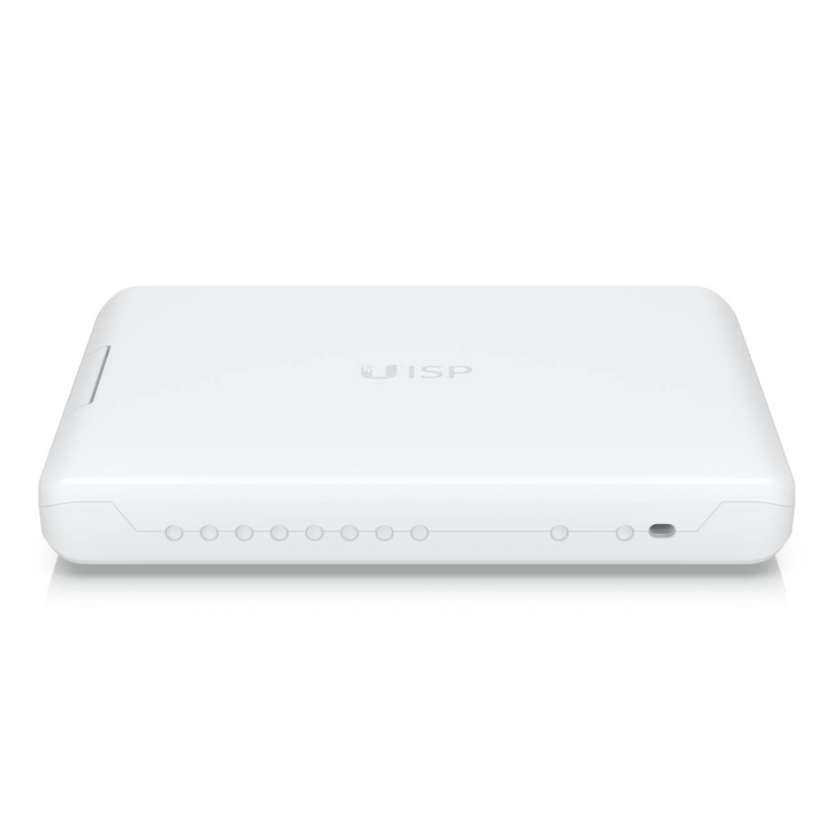 Un dispositivo di rete Ubiquiti bianco con più indicatori LED e un logo.