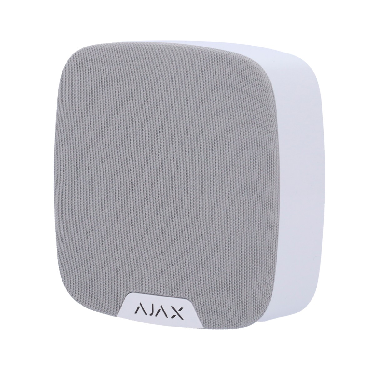 Altoparlante Ajax bianco con griglia in tessuto grigio e logo.