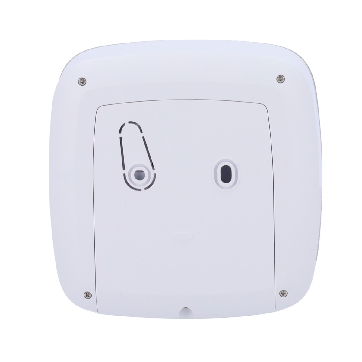 Retro di un dispositivo bianco con viti e fessure di ventilazione.