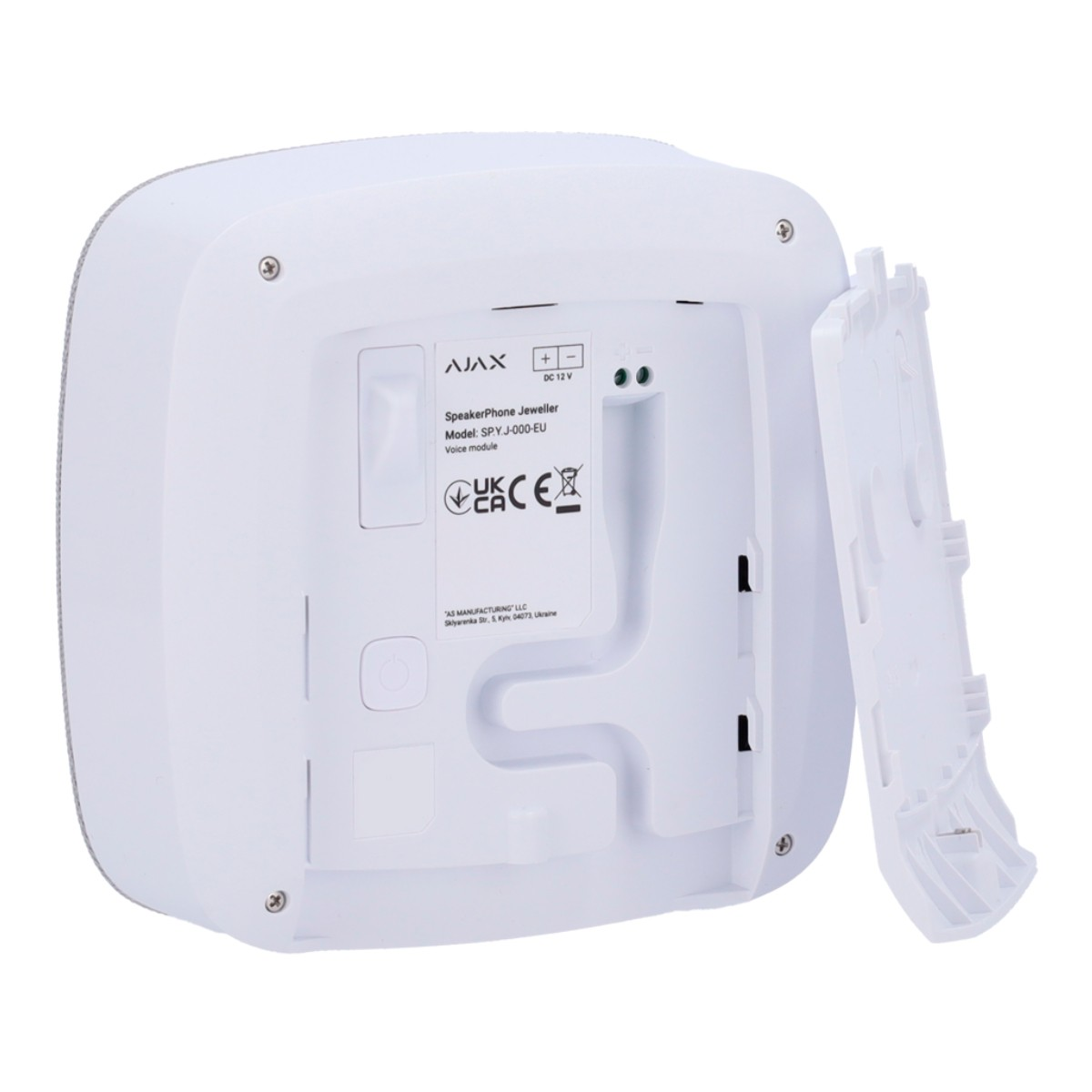 Ajax SpeakerPhone Jeweller bianco con etichette, ingresso 12V CC.