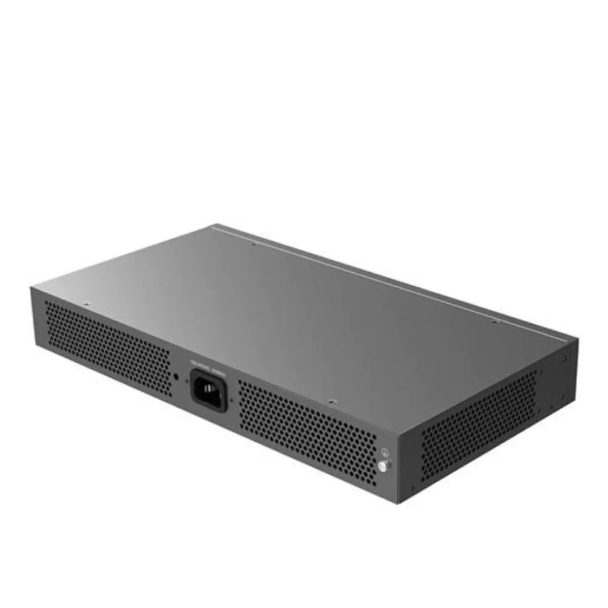 Switch di rete grigio con fessure di ventilazione e connettore di alimentazione a sinistra.
