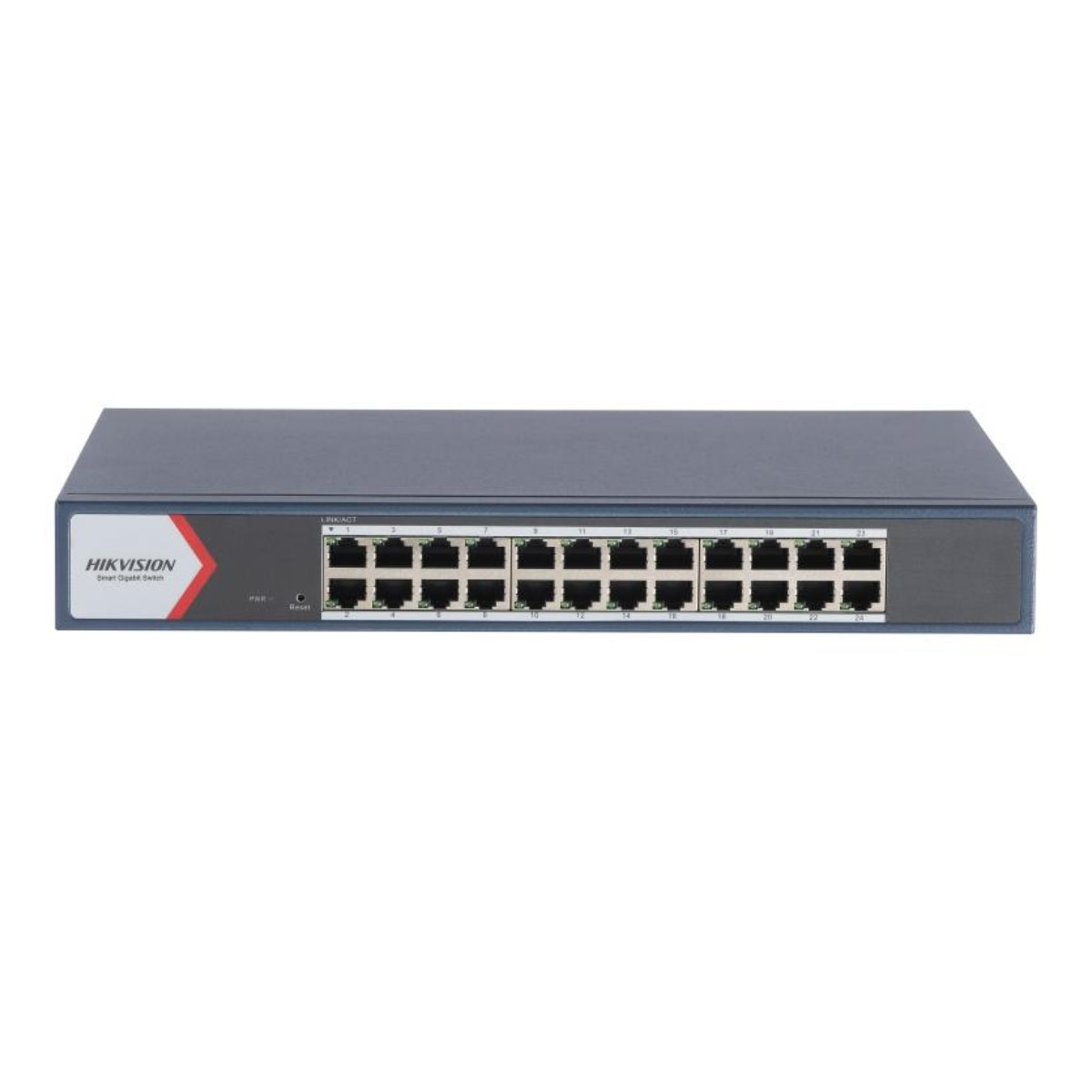 Uno switch di rete Hikvision con 24 porte e LED di stato.