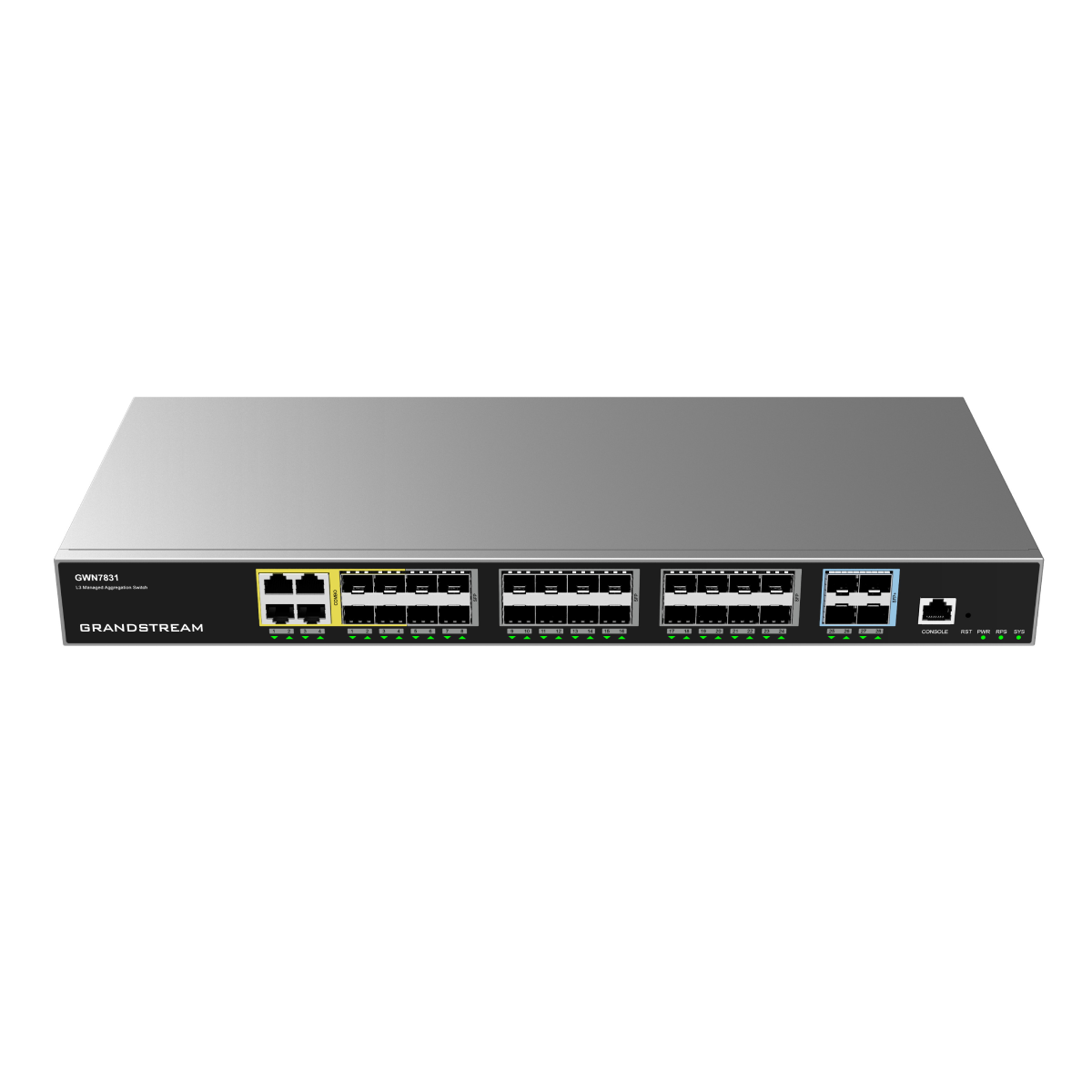 Uno switch di aggregazione gestito L3 Grandstream GWN7831 argentato con molte porte.