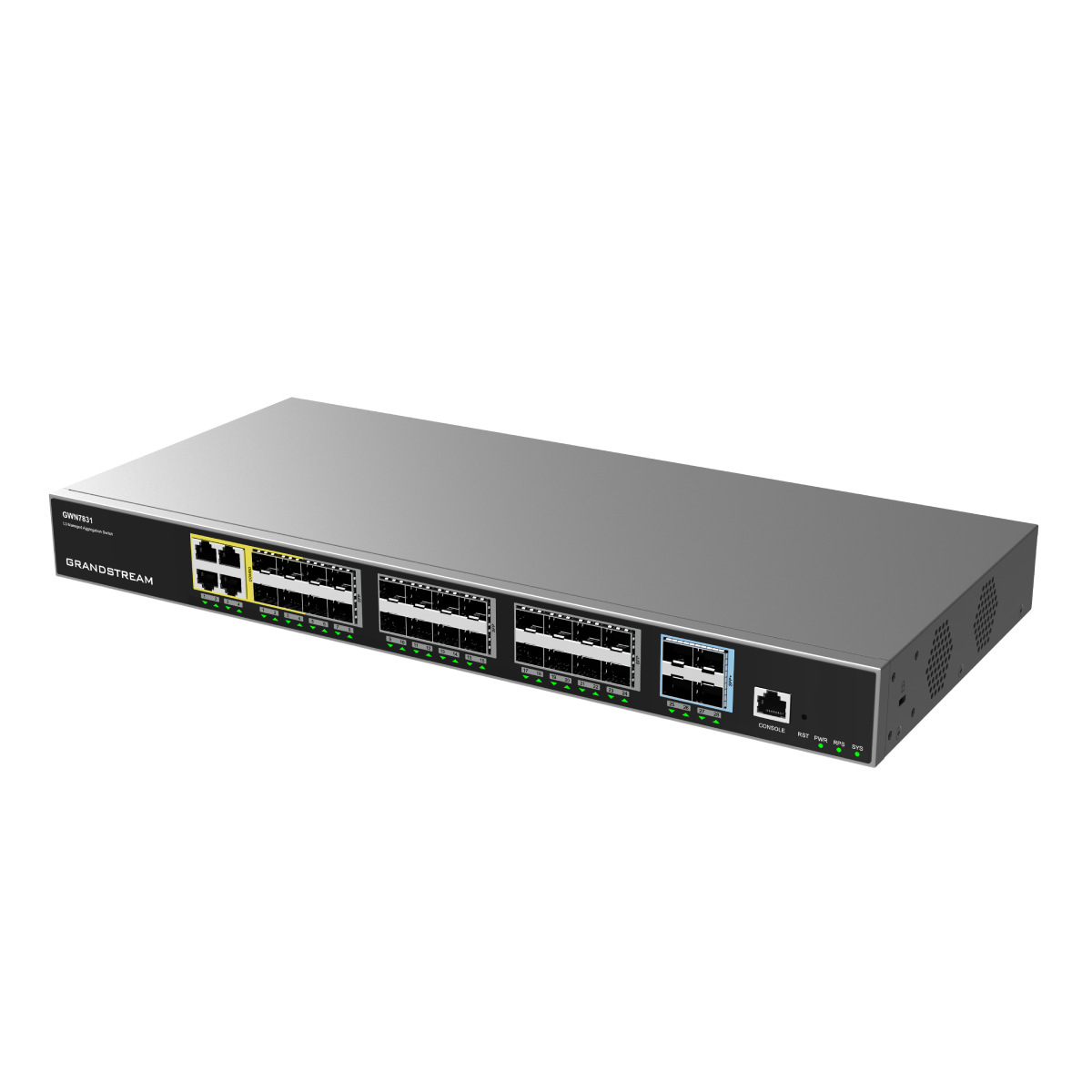 Uno switch di rete Grandstream GWN7831 argentato con molte porte.