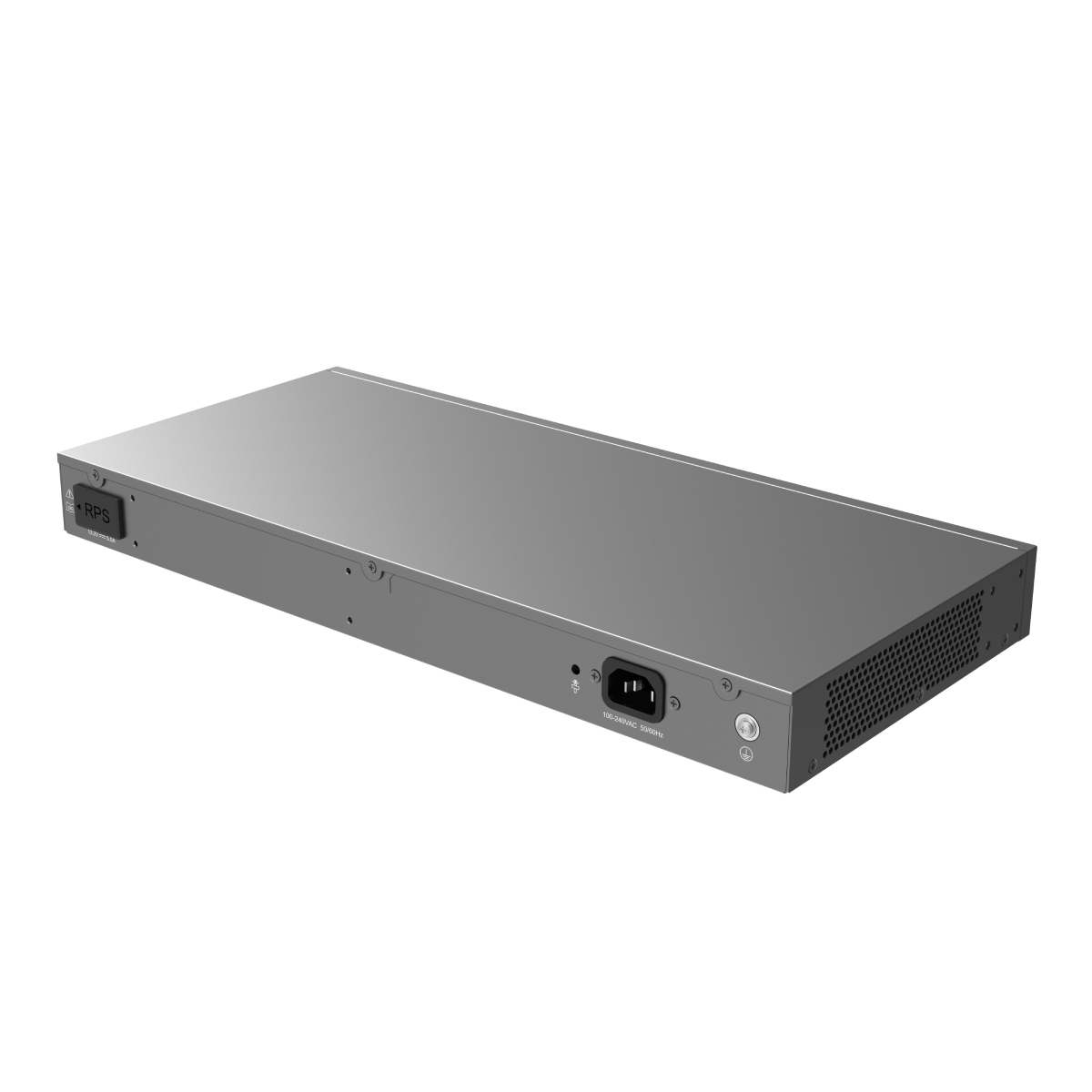 Uno switch di rete grigio con ingresso RPS e connettore di alimentazione posteriore.