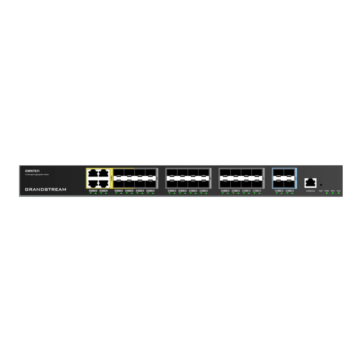 Uno switch di aggregazione gestito L3 Grandstream GWN7831 nero con 28 porte.