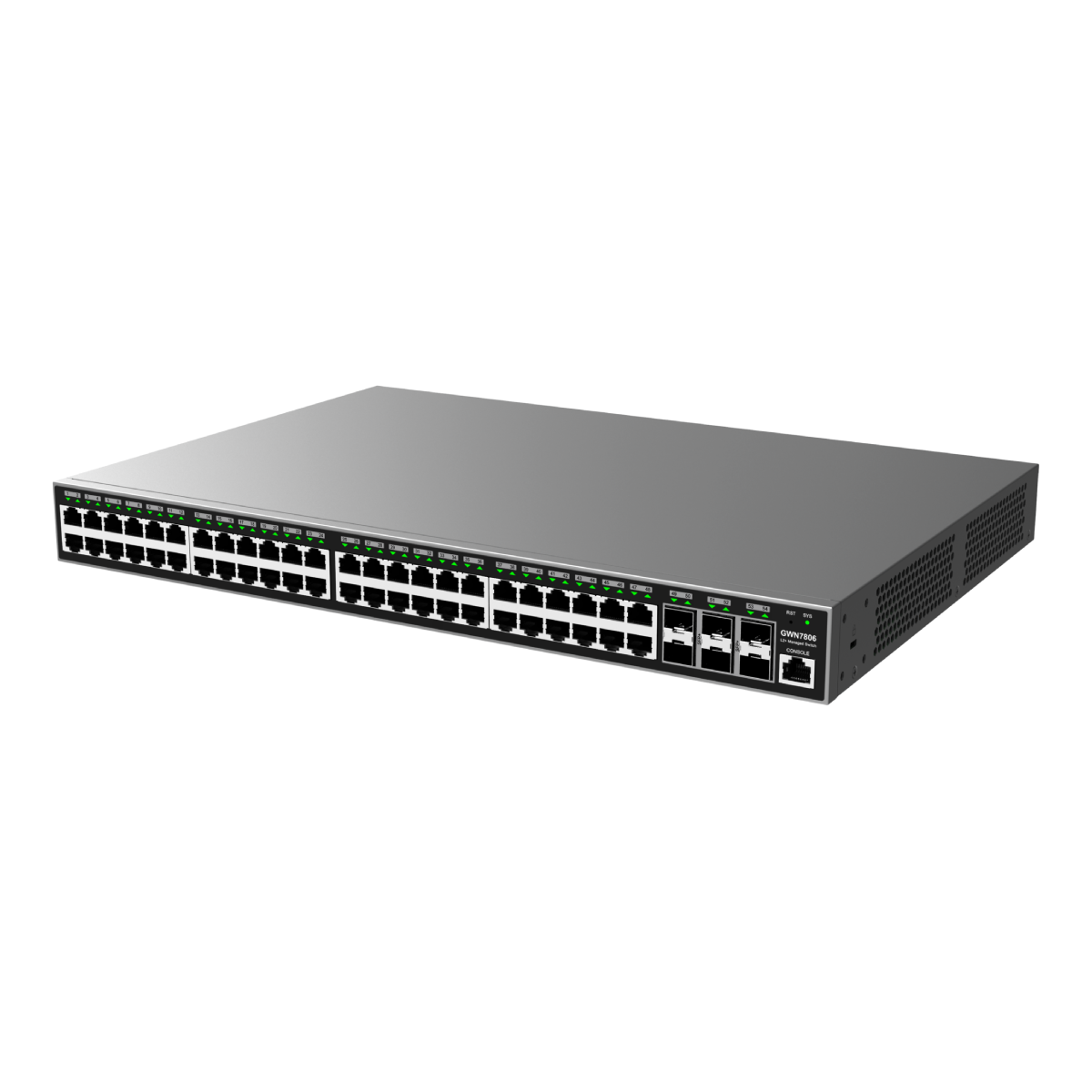 Uno switch di rete argentato a 48 porte con spie di stato verdi.