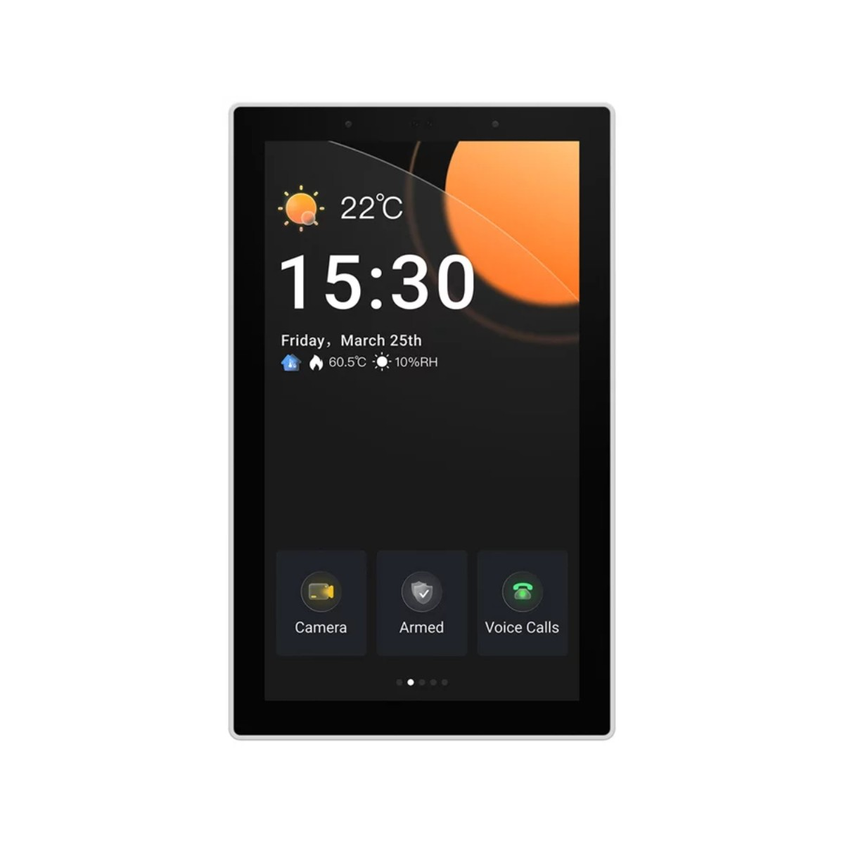 Un tablet mostra 22°C, 15:30, venerdì 25 marzo, 60.5°C, 10% UR.