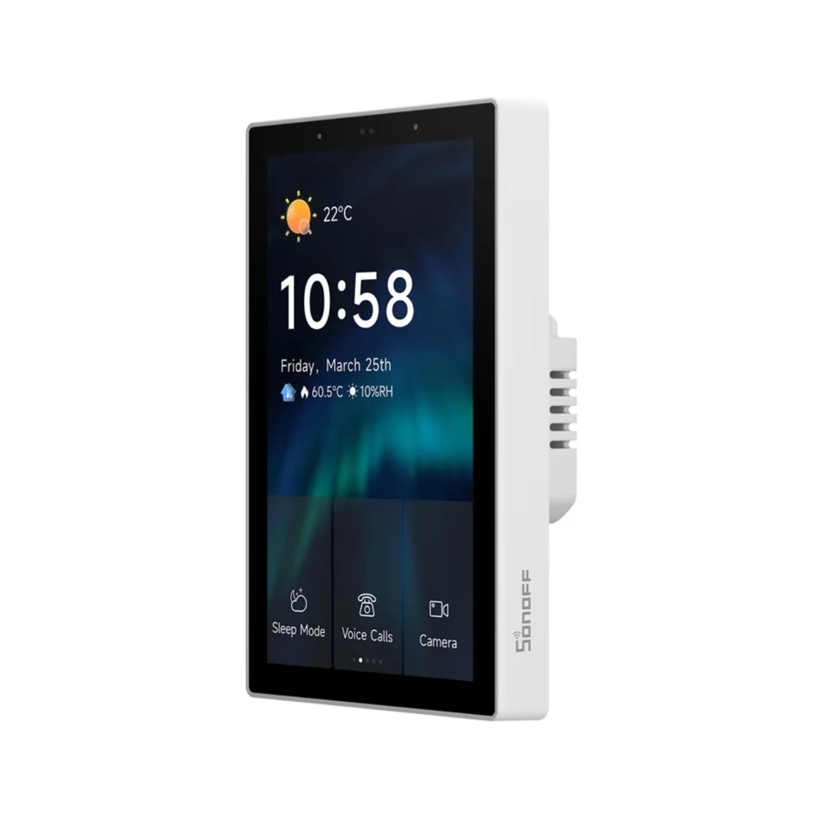 Un display bianco per smart home mostra 22°C, 10:58, data e dati meteo.