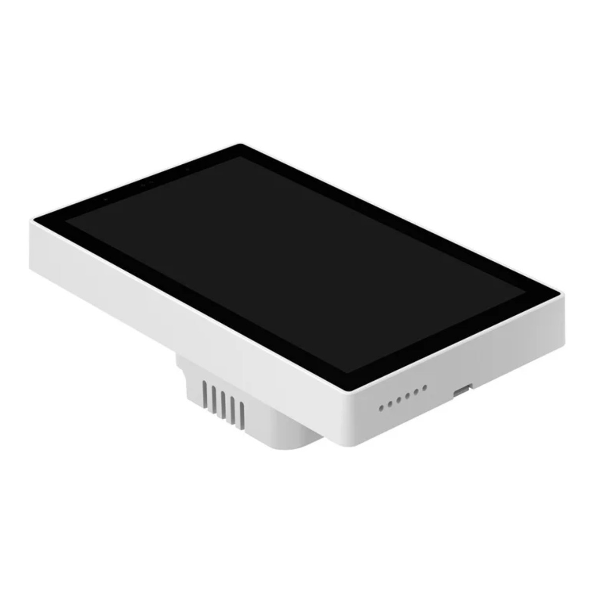 Un display digitale bianco con schermo nero poggia su un supporto con prese d'aria.