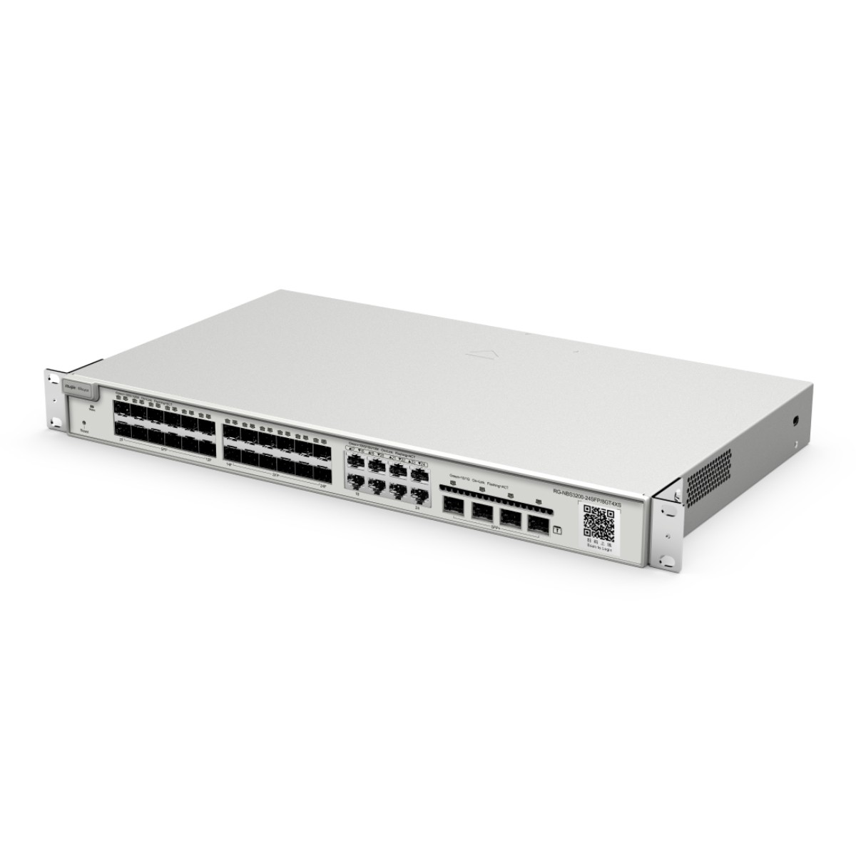 Switch di rete argentato con numerose porte e LED sul pannello frontale.