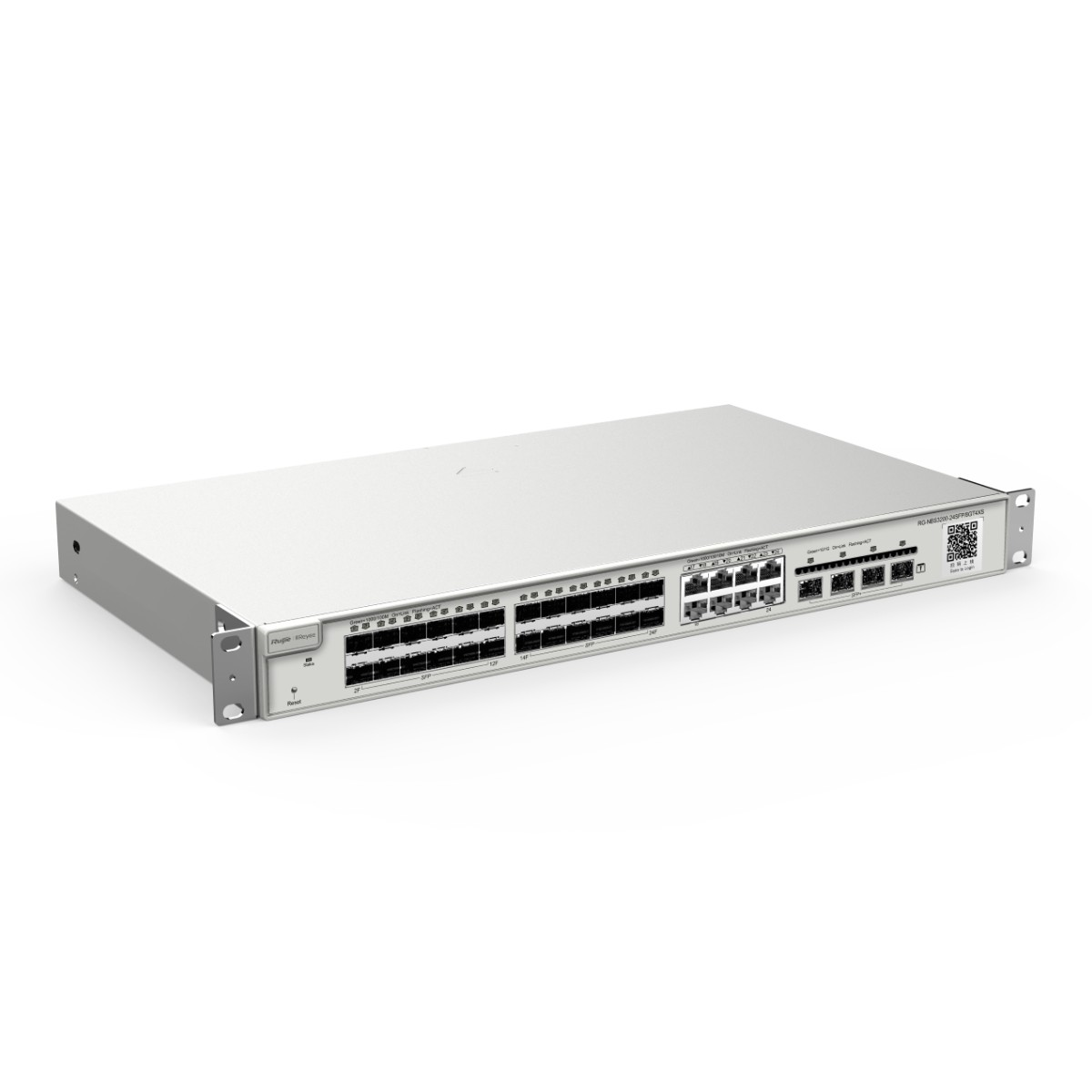 Uno switch di rete argentato con numerose porte e spie luminose.